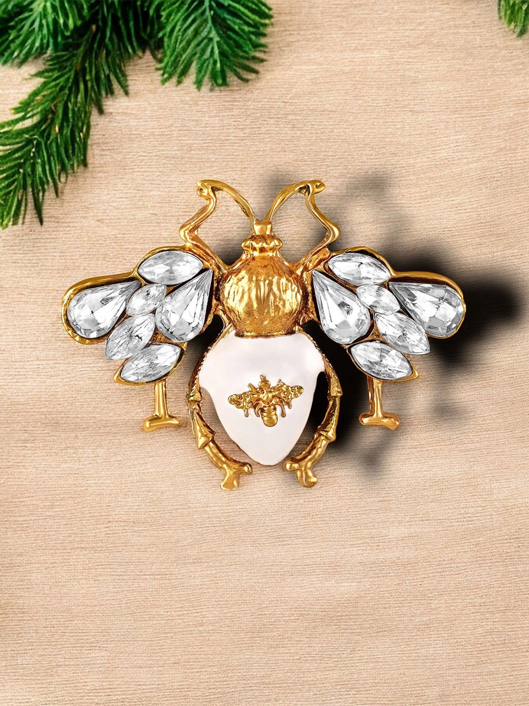 

Mahi Meenakari Stone Studded Bee-Shaped Lapel Pin Brooch, Gold