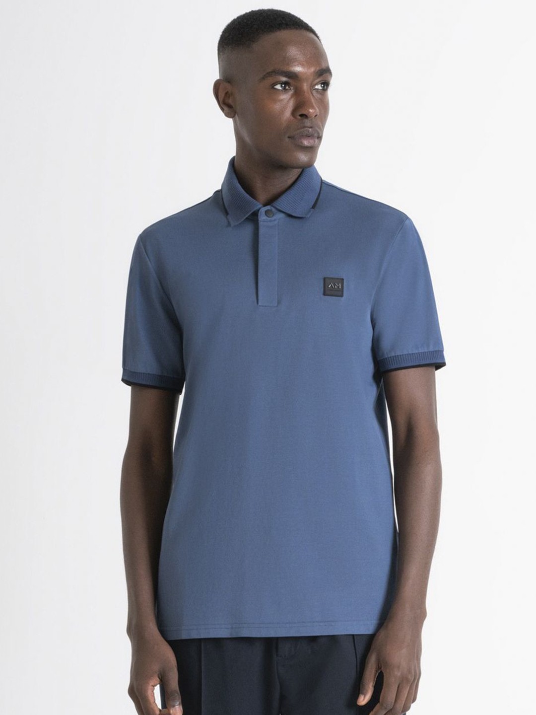 

Antony Morato Men Solid Polo Collar Cotton Slim Fit T-shirt, Blue