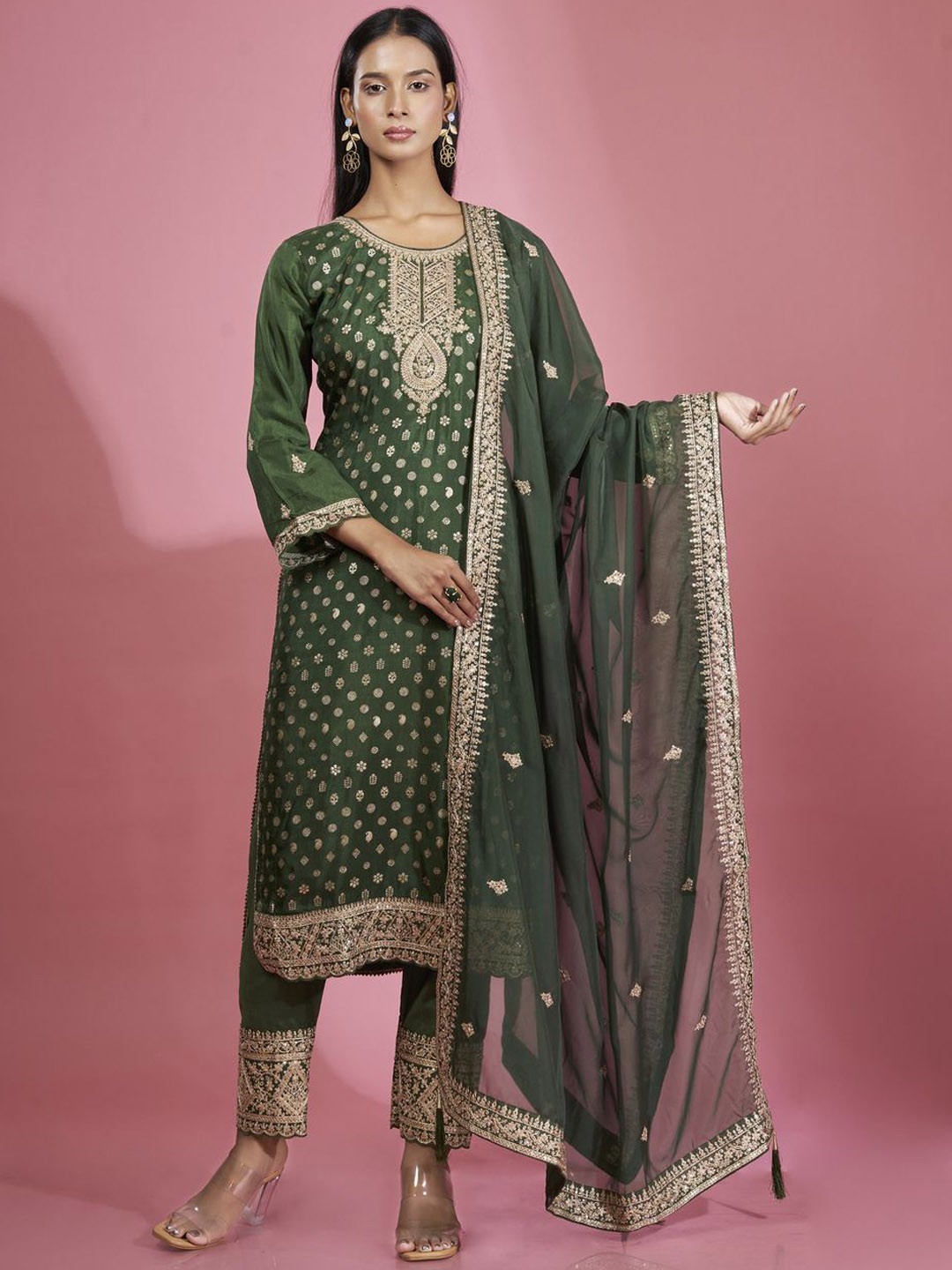 

ISHKIYA Floral Printed Thread Work Pure Silk Kurta with Trouser & Dupatta, Green