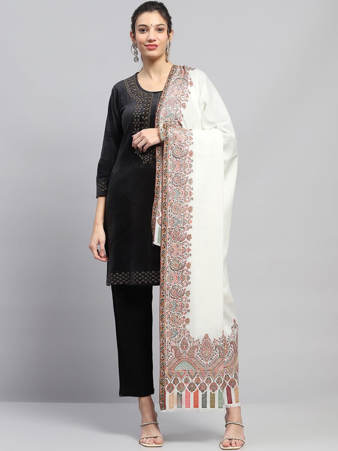 

Monte Carlo Ethnic Motifs Woven Design Shawl, White