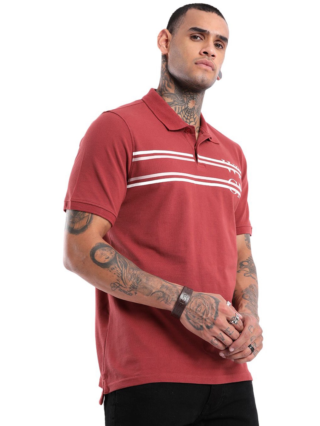 

WROGN Men Striped Polo Collar Cotton Slim Fit T-shirt, Maroon