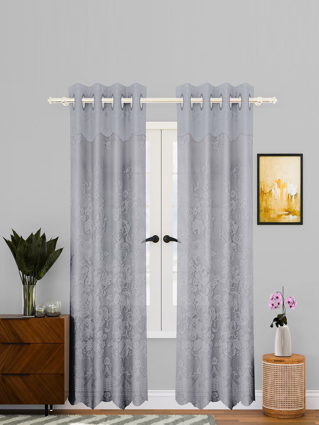 

Kuber Industries Grey 2 Pieces Self Design Eyelet Cotton Long Door Curtains