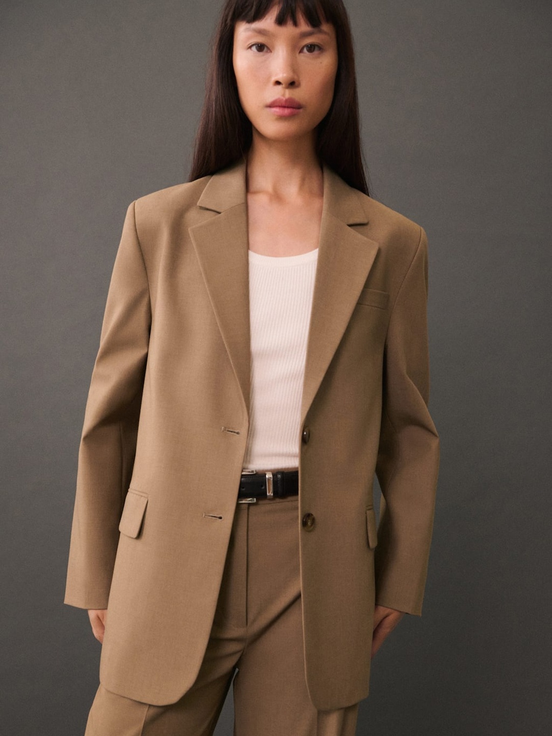 

MANGO Straight Fit Single-Breasted Blazer, Brown