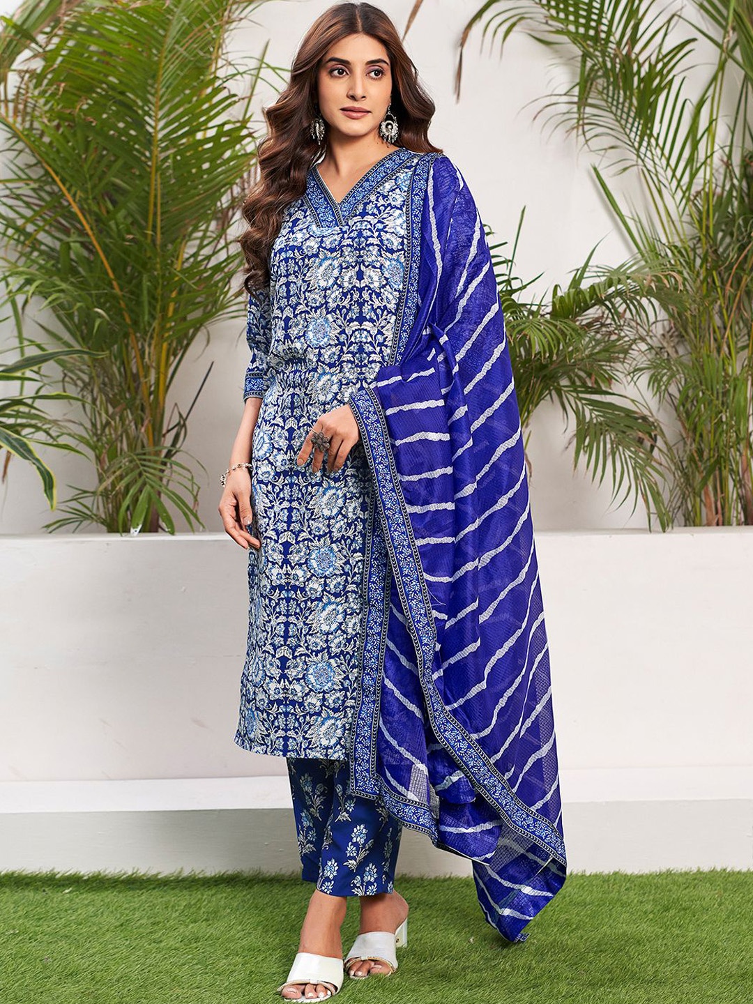 

KALINI Floral Printed V Neck Straight Kurta with Trousers & Dupatta, Blue