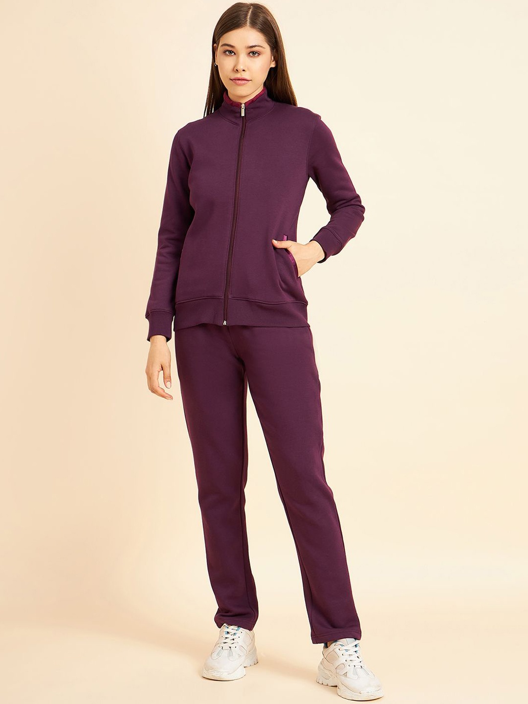 

Sweet Dreams Women Solid High Neck Tracksuits, Burgundy