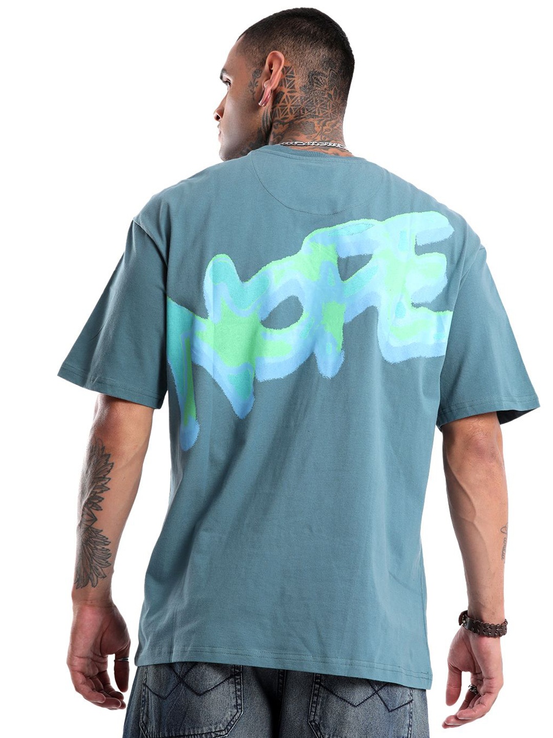 

WROGN Men Typography Printed Round Neck Cotton Oversized T-shirt, Teal