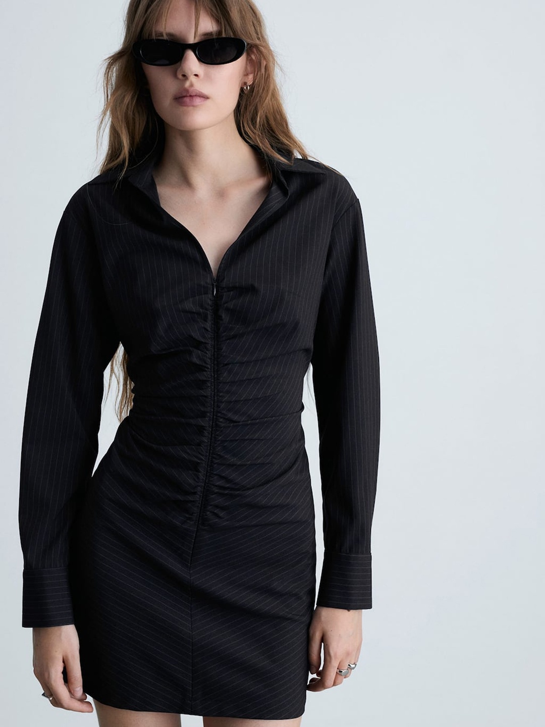 

MANGO Pinstriped Ruched Shirt Mini Dress, Black