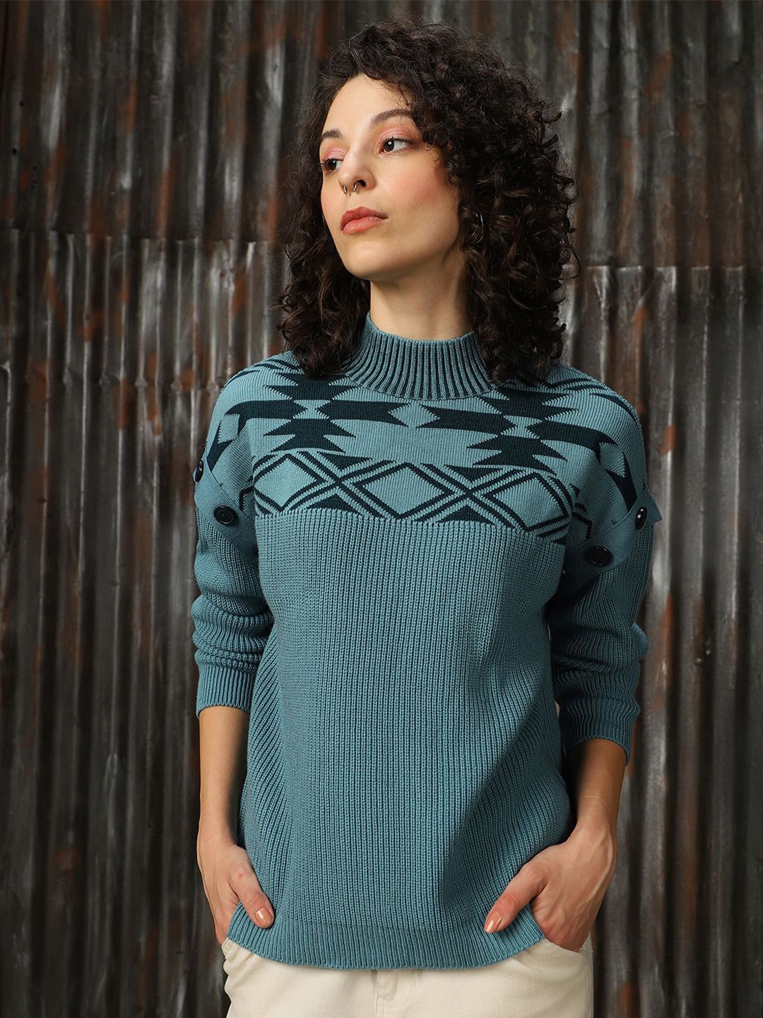 

High Star Women Abstract pattern High Neck Pullover, Blue