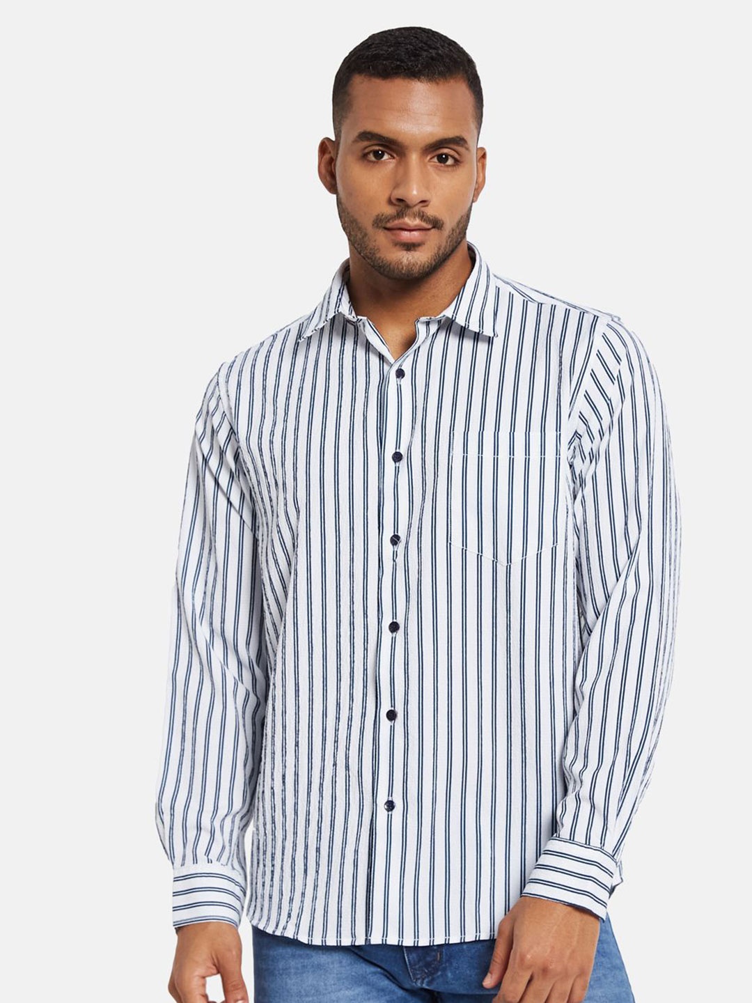 

METTLE Men Spread Collar Vertical Striped Cotton Casual Shirt, White