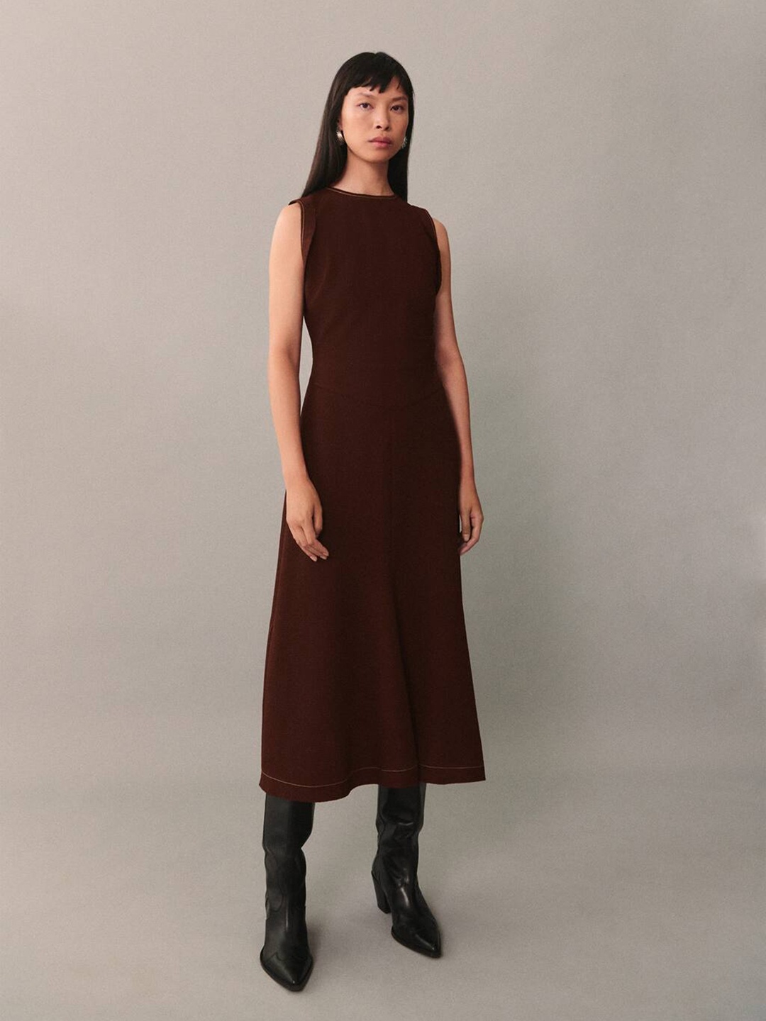 

MANGO A-Line Sleeveless Midi Dress, Brown