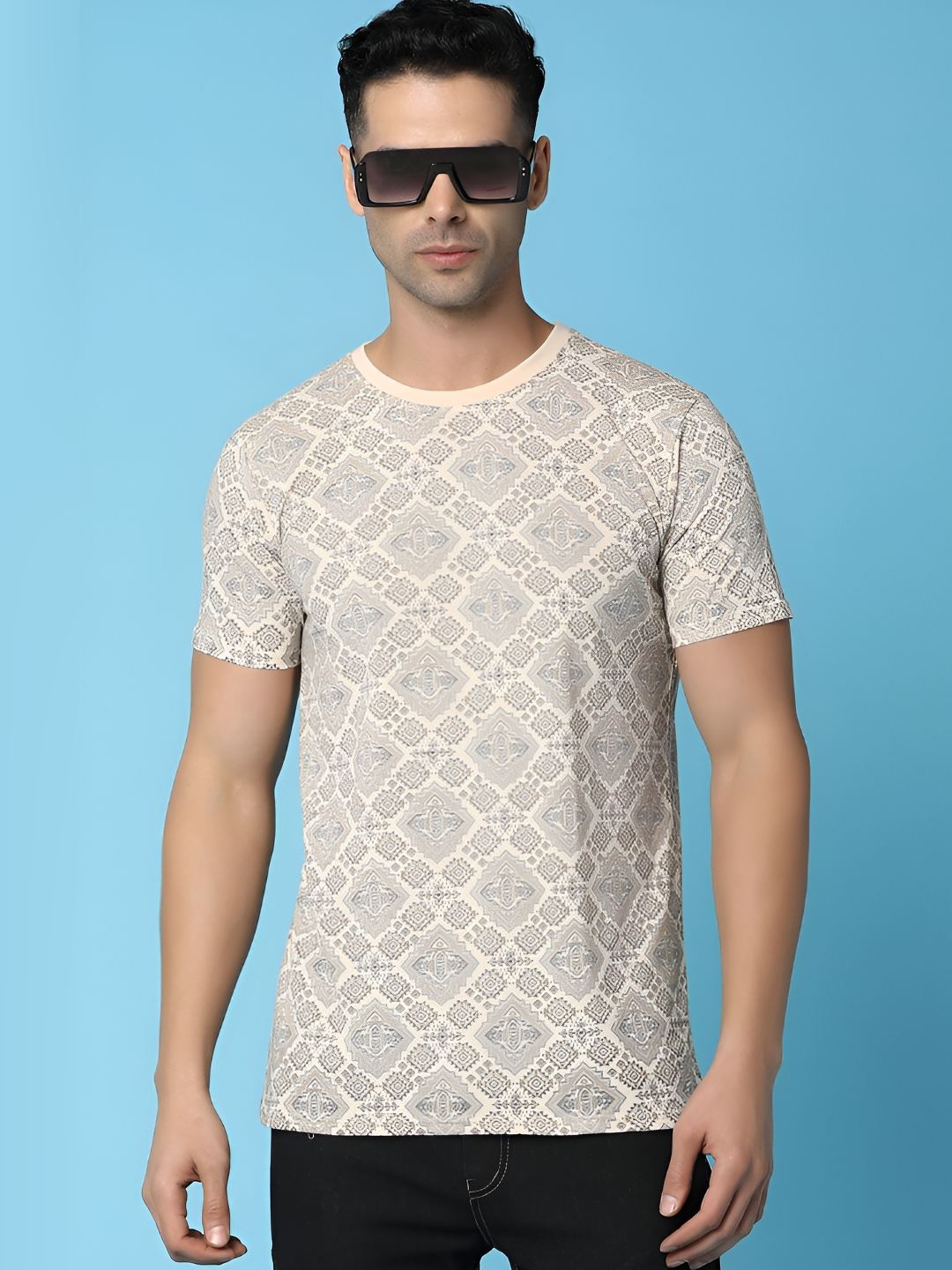 

V-Mart Men Abstract Printed Round Neck T-shirt, Beige