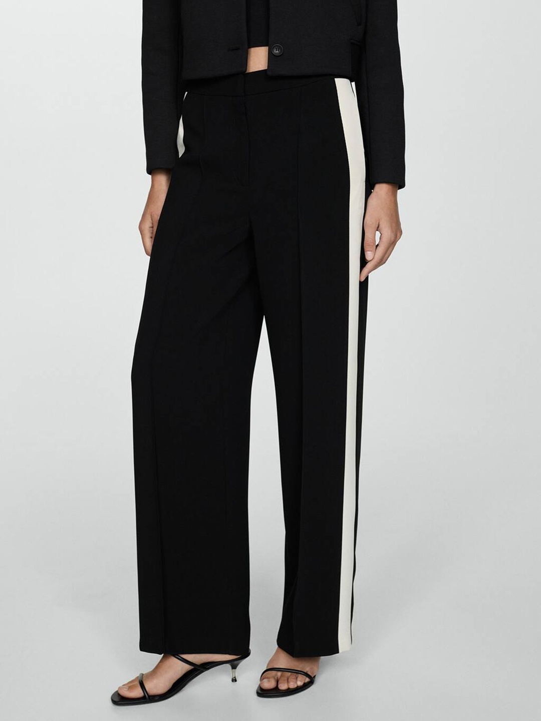 

MANGO Women Regular-Fit Parallel Trousers With Side Striped Detailing, Black