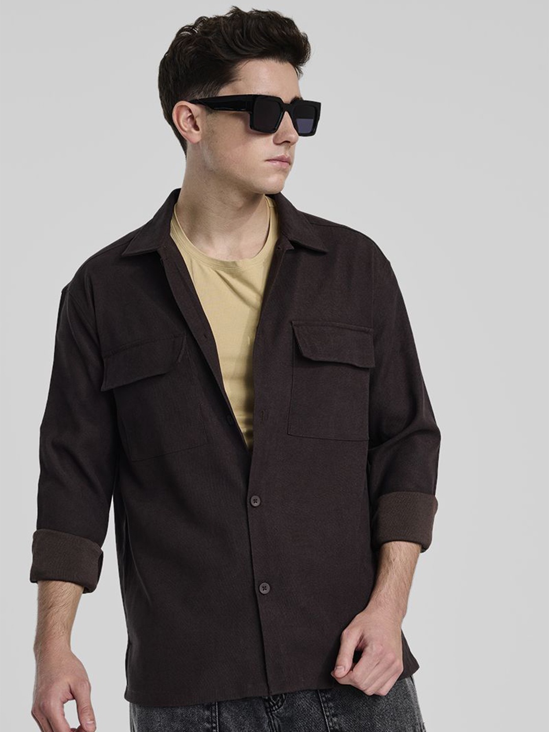 

Snitch Men Spread Collar Solid Cotton Casual Tailored Jacket, Brown