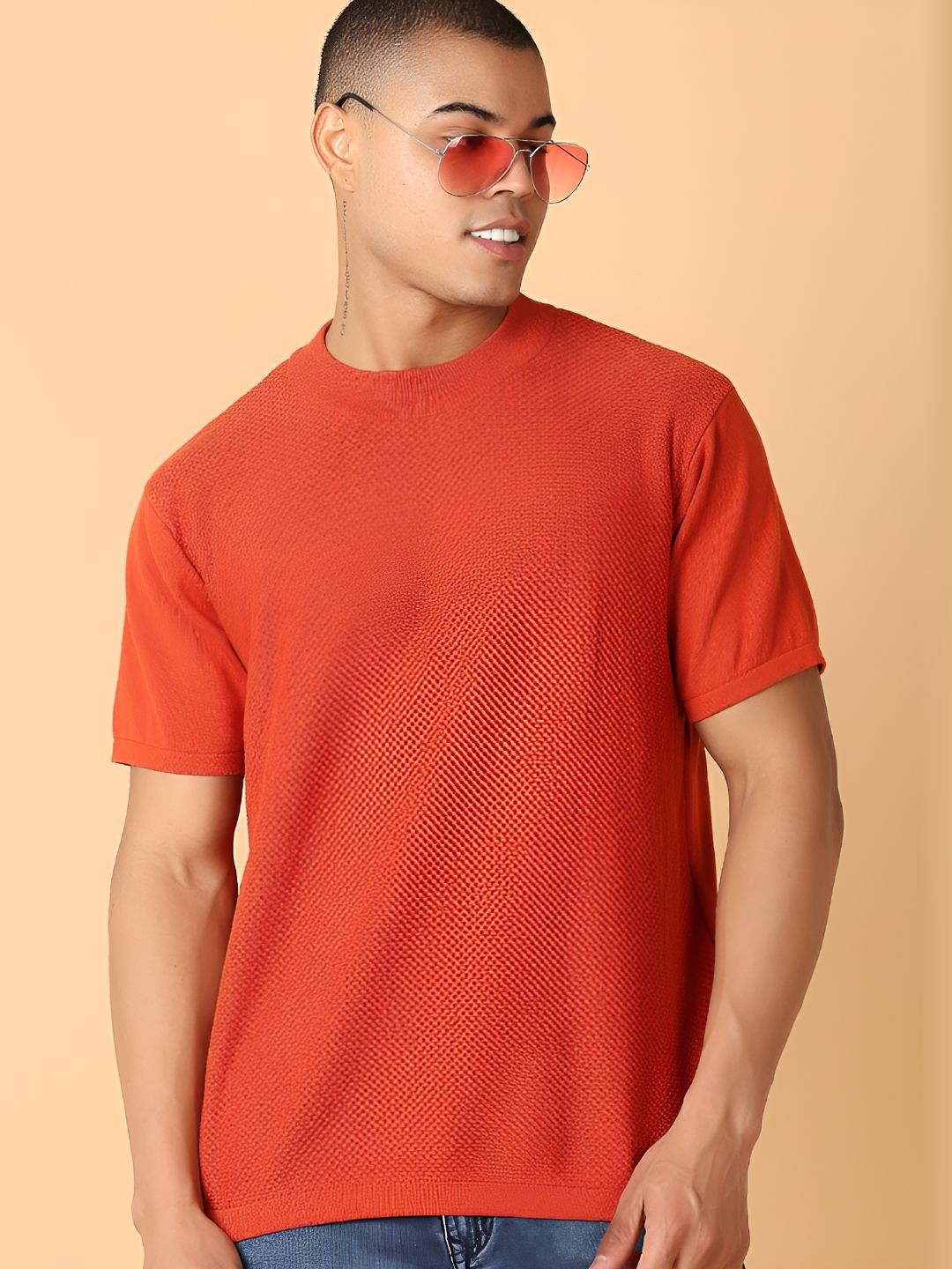 

V-Mart Men Self Design Round Neck Cotton Relaxed Fit T-shirt, Orange