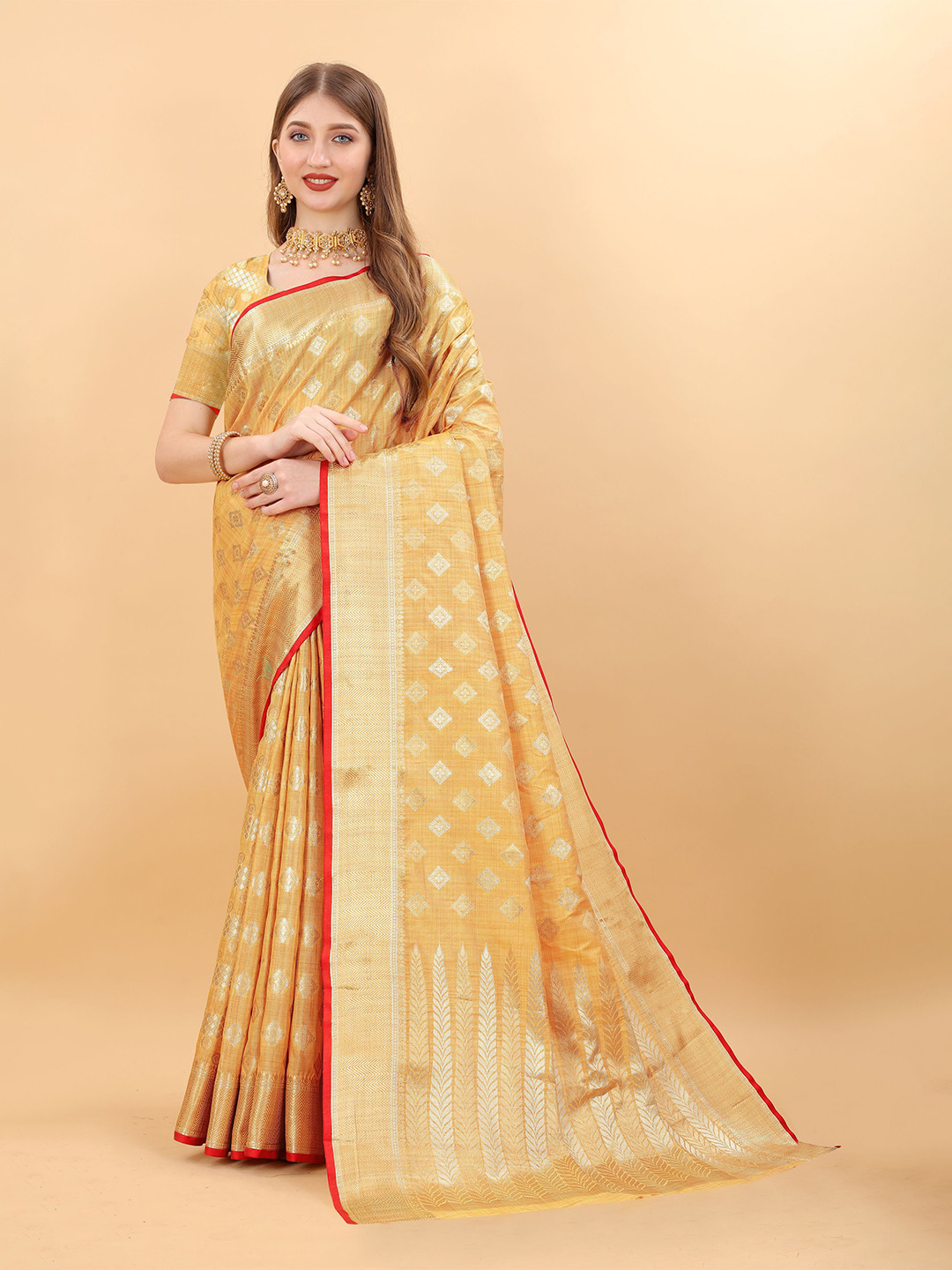 

NIWAA Woven Design Zari Pure Cotton Banarasi Saree, Yellow