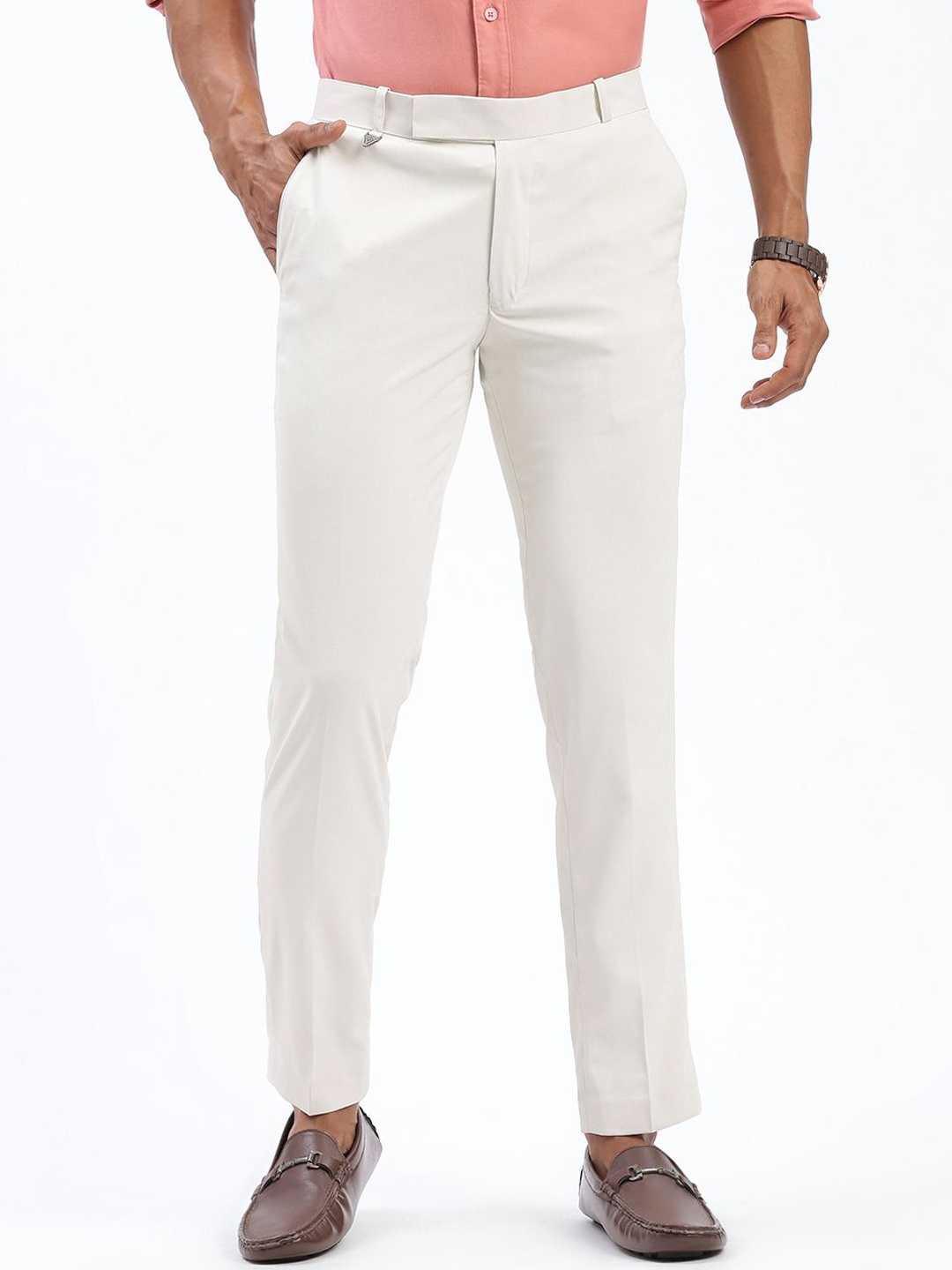 

SHOWOFF Men Comfort Slim Fit Low-Rise Cotton Formal Trousers, Cream