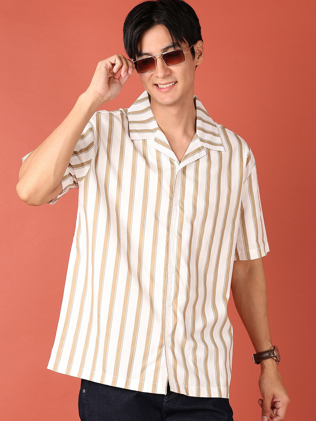 

V-Mart Boys Cuban Collar Vertical Striped Cotton Casual Shirt, White