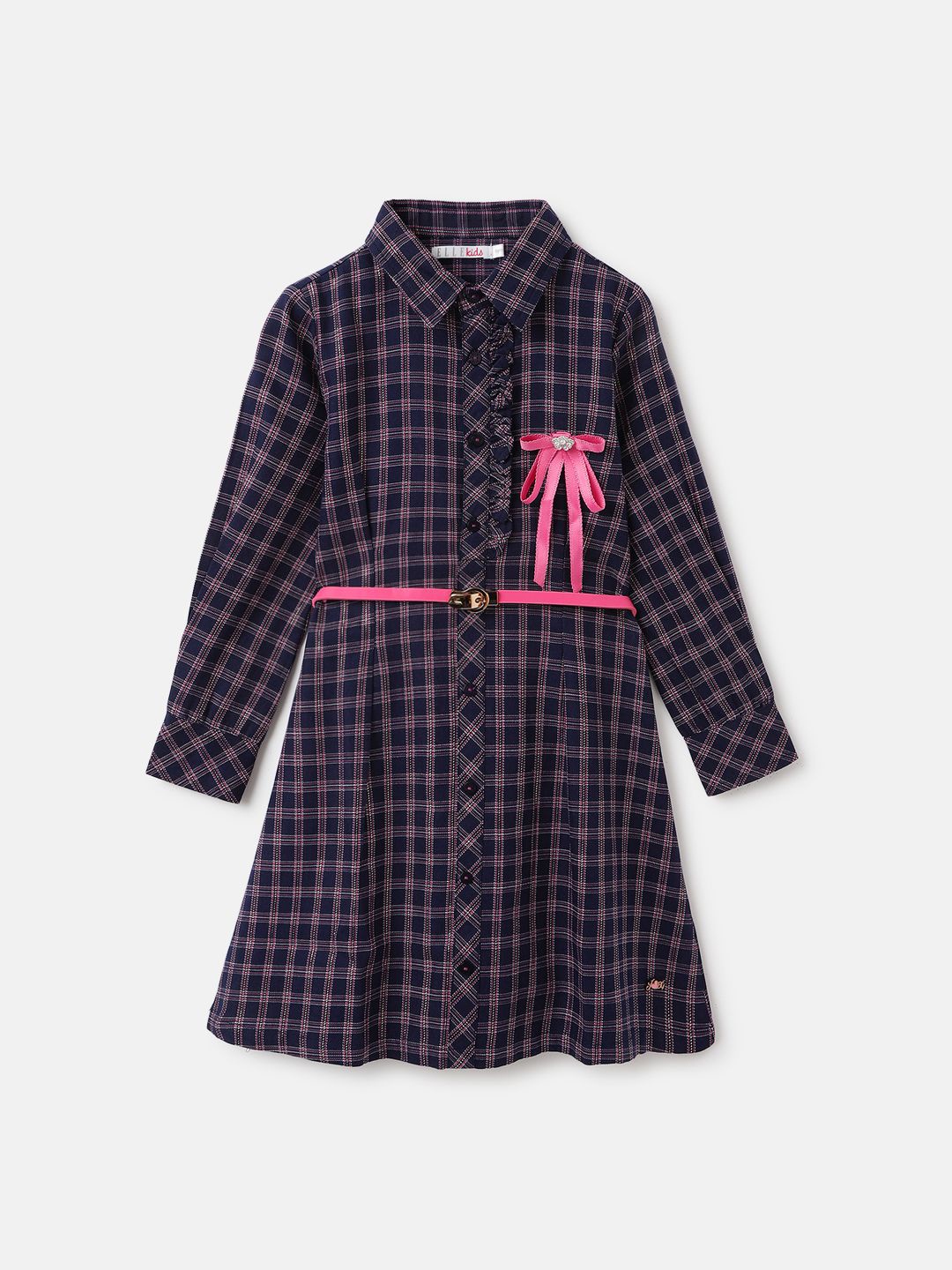 

ELLE Girls Checked Bow Detailed Shirt Dress, Blue