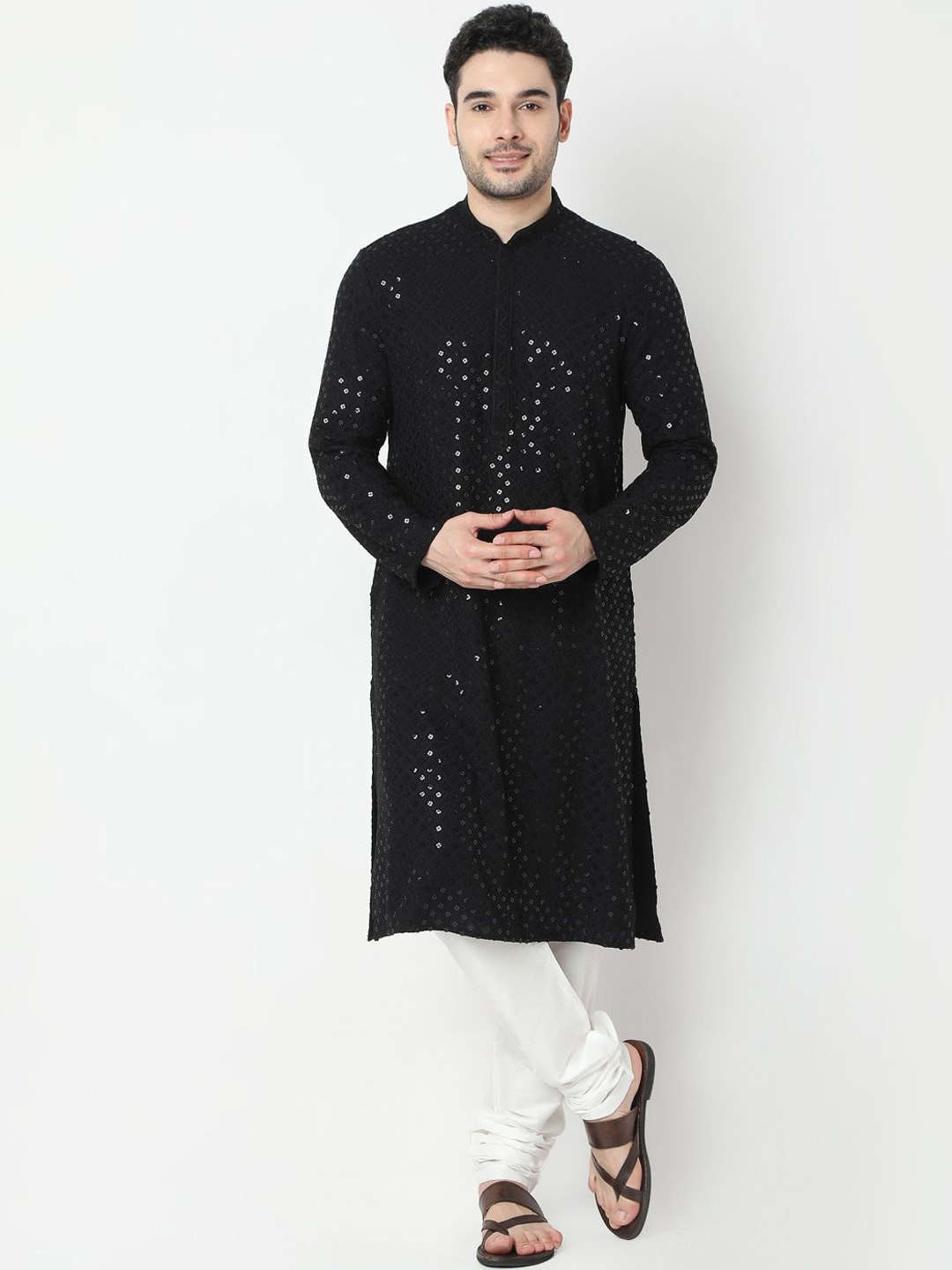 

Ethnicity Geometric Embroidered Sequinned Mandarin Collar Straight Kurta with Churidar, Black