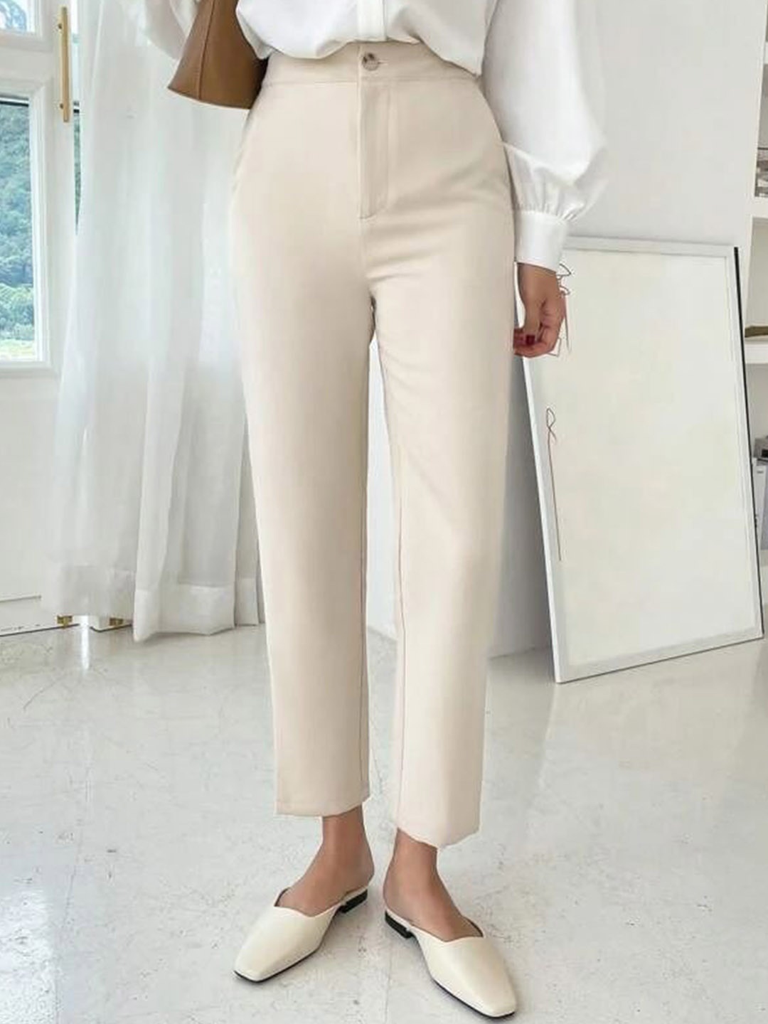 

FNOCKS Women Tailored Mom Fit High-Rise Wrinkle Free Trousers, Cream