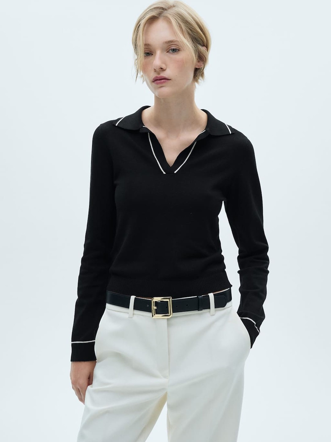 

MANGO Contrast Trim Shirt-Style Top, Black
