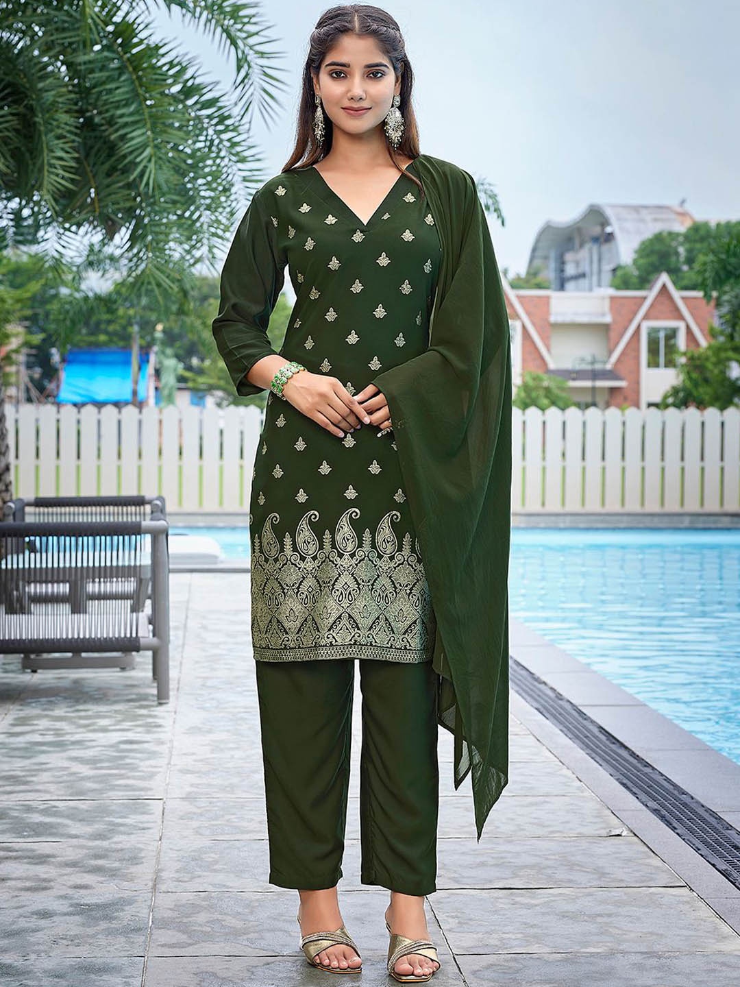 

Royal Export Floral Foil Printed V-Neck Straight Kurta With Trouser & Dupatta, Green