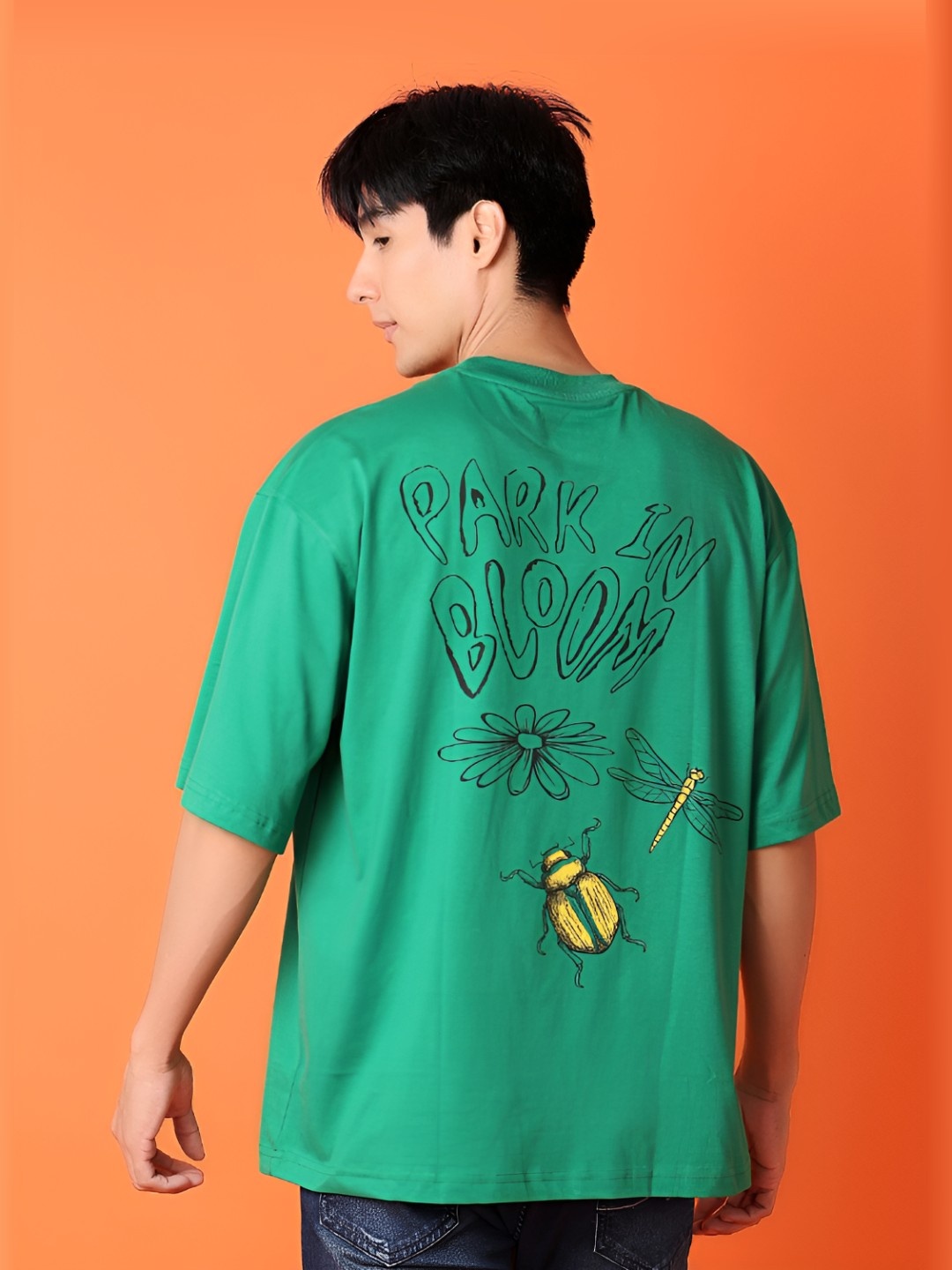 

V-Mart Men Typography Printed Round Neck Cotton Oversized T-shirt, Green