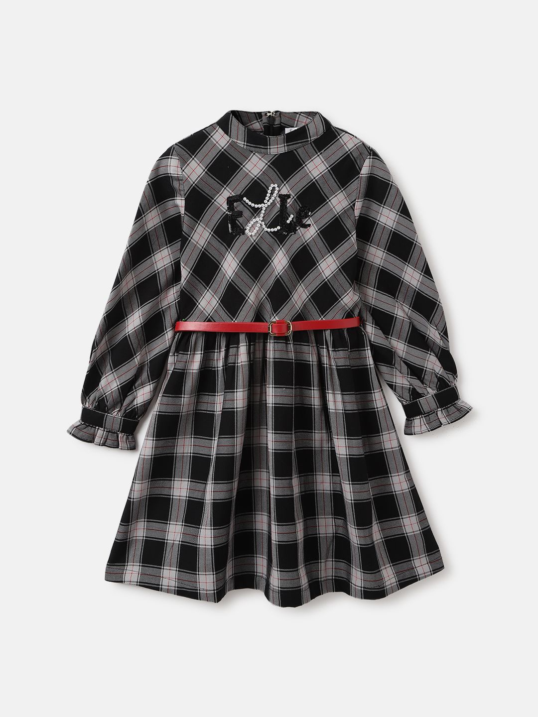 

ELLE Girls Cotton Checked A-Line Long Sleeves Dress, Black