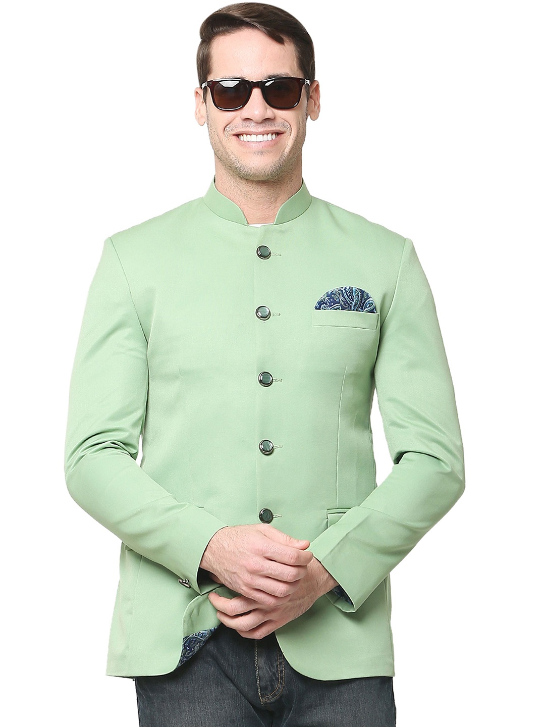 

REFULGENT Mandarin Collar Bandhgala Party Blazers, Green