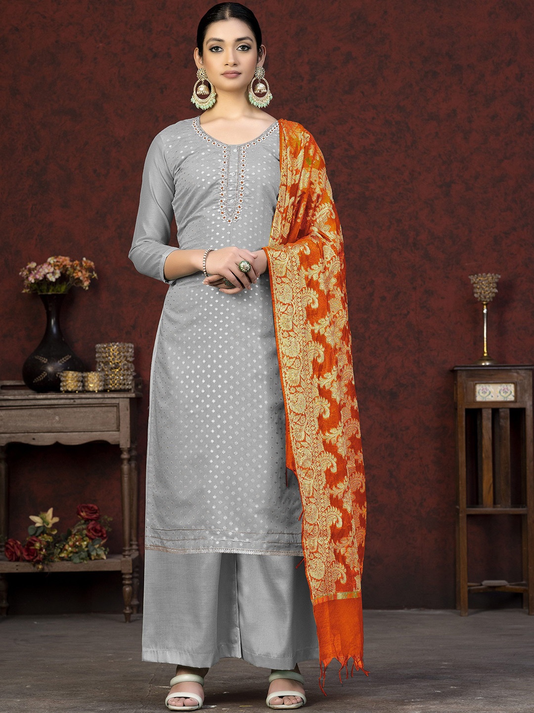

Maroosh Embellished Unstitched Dress Material, Grey