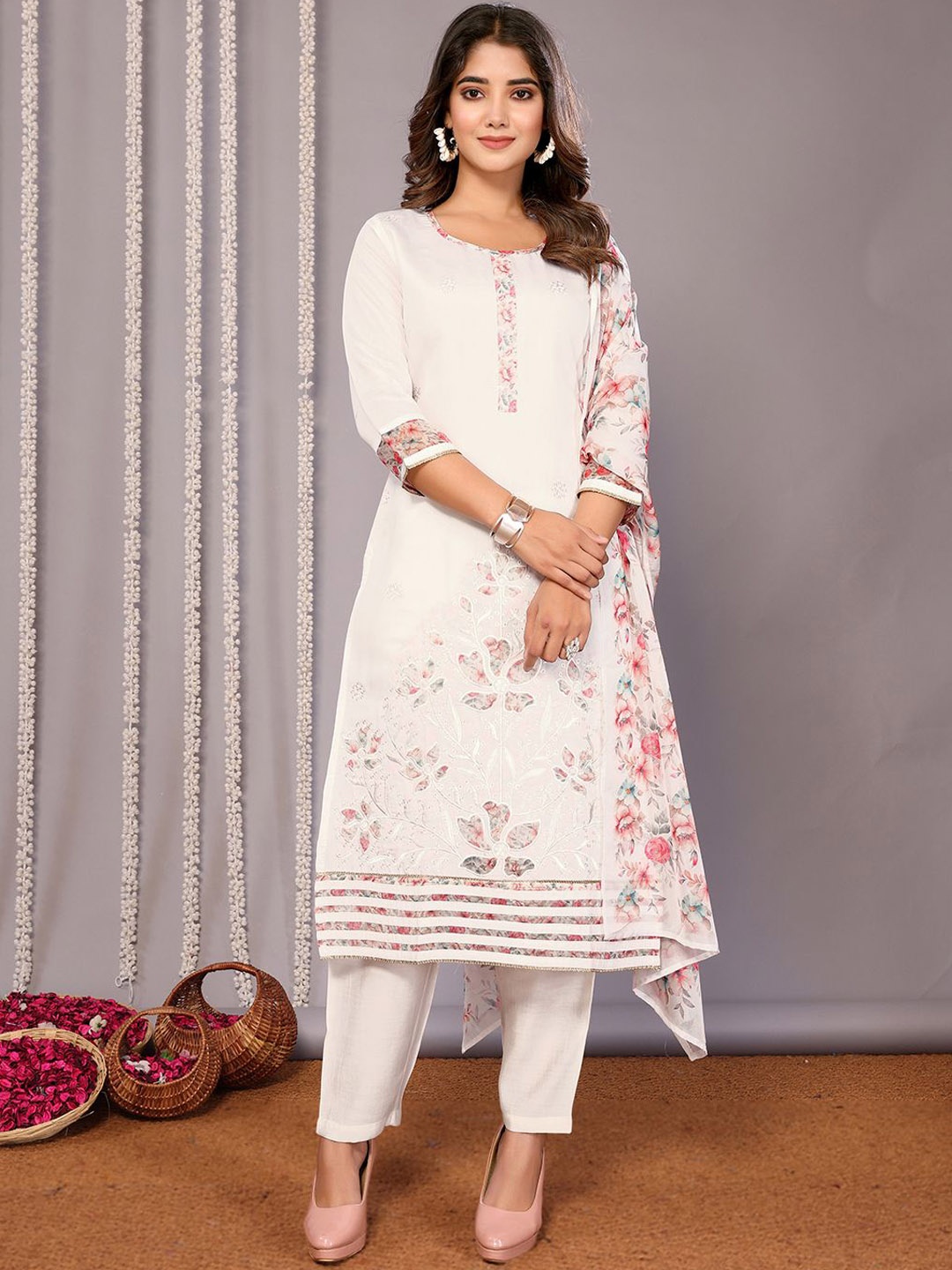 

Royal Export Floral Embroidered Straight Kurta with Trousers & Dupatta, White