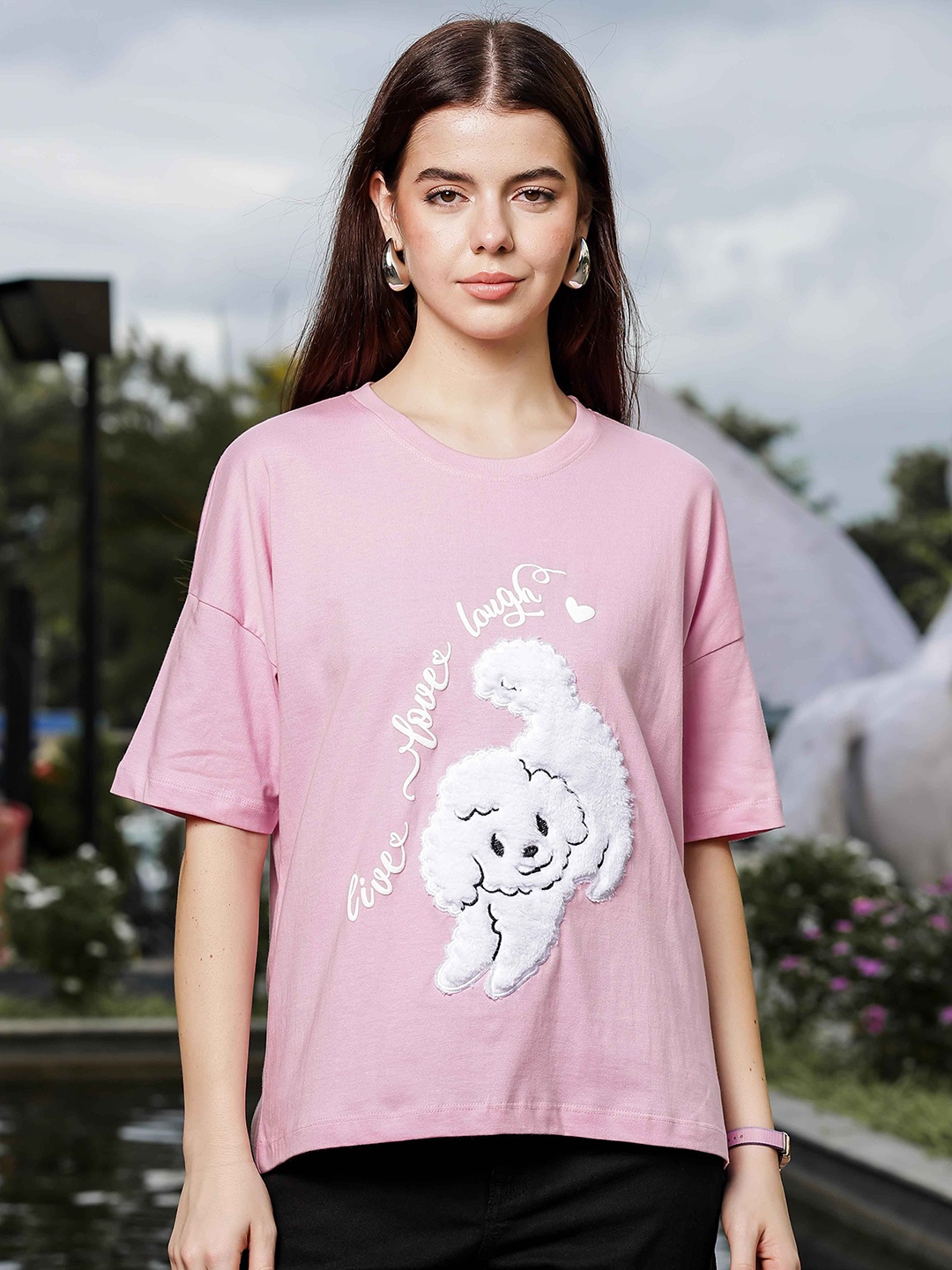 

HEYLAY Women Graphic Printed Round Neck Pure Cotton Oversized T-shirt, Blue