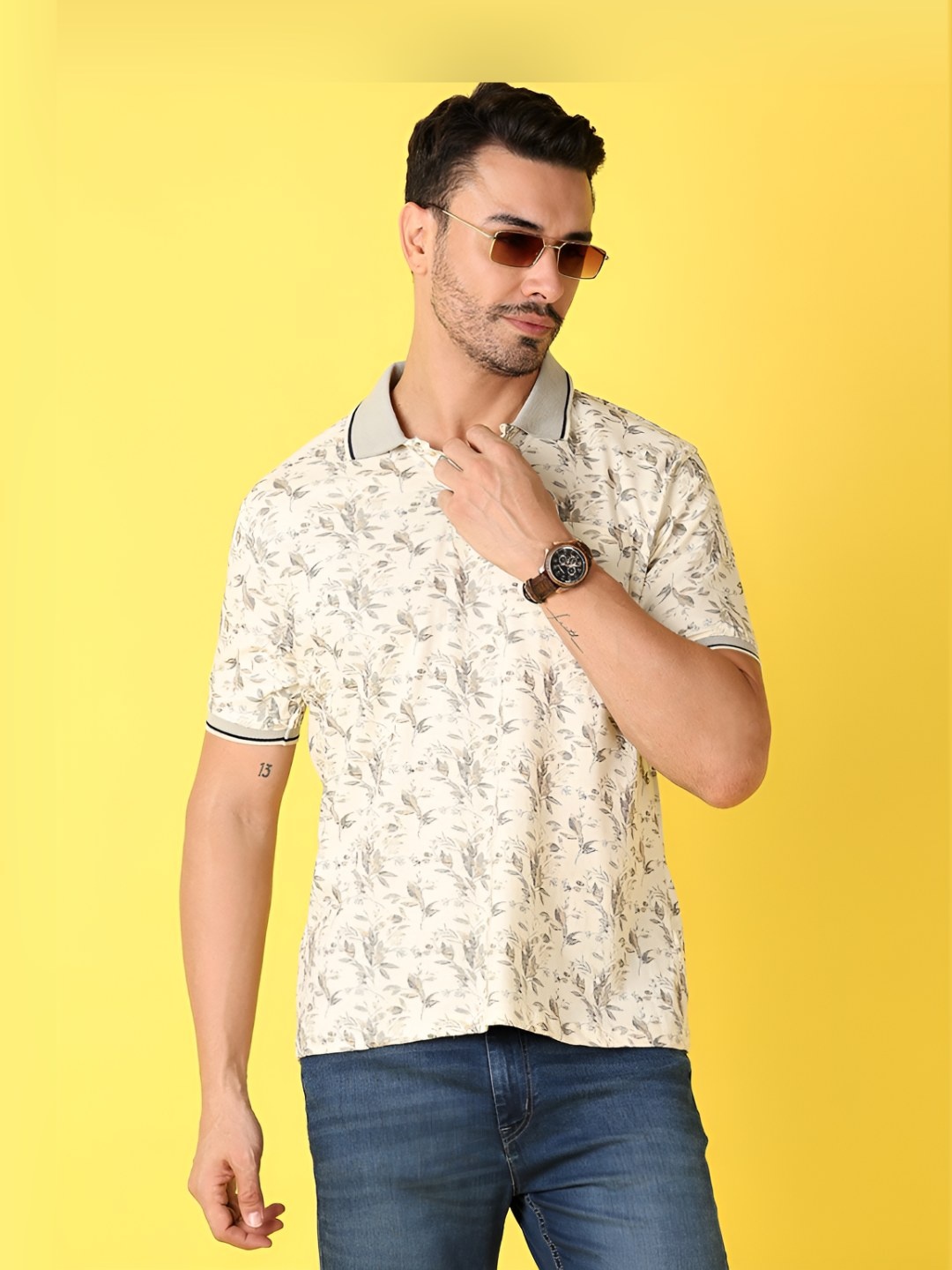 

V-Mart Men Floral Printed Polo Collar Cotton T-shirt, Beige