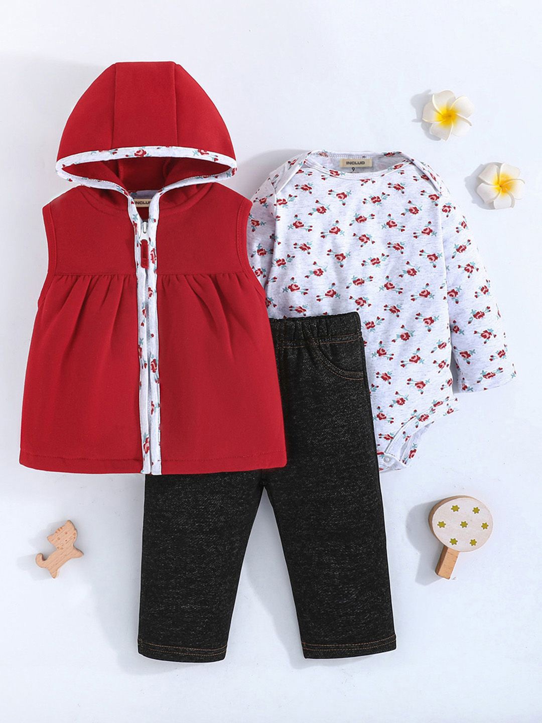 

INCLUD Girls Hooded Sleeveless Top With Trouser With Baby Suit, Red