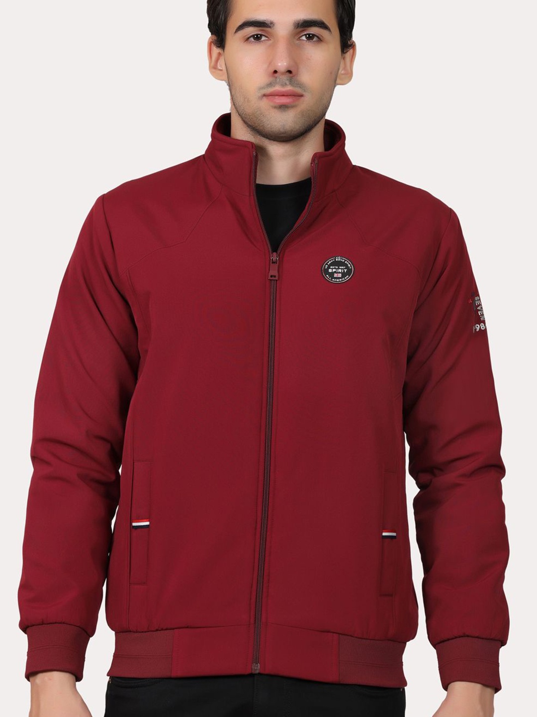 

Spirit Men Mock Collar Solid Casual Bomber Jacket, Maroon