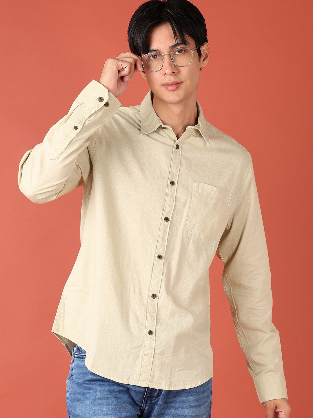 

V-Mart Men Spread Collar Solid Cotton Casual Shirt, Beige