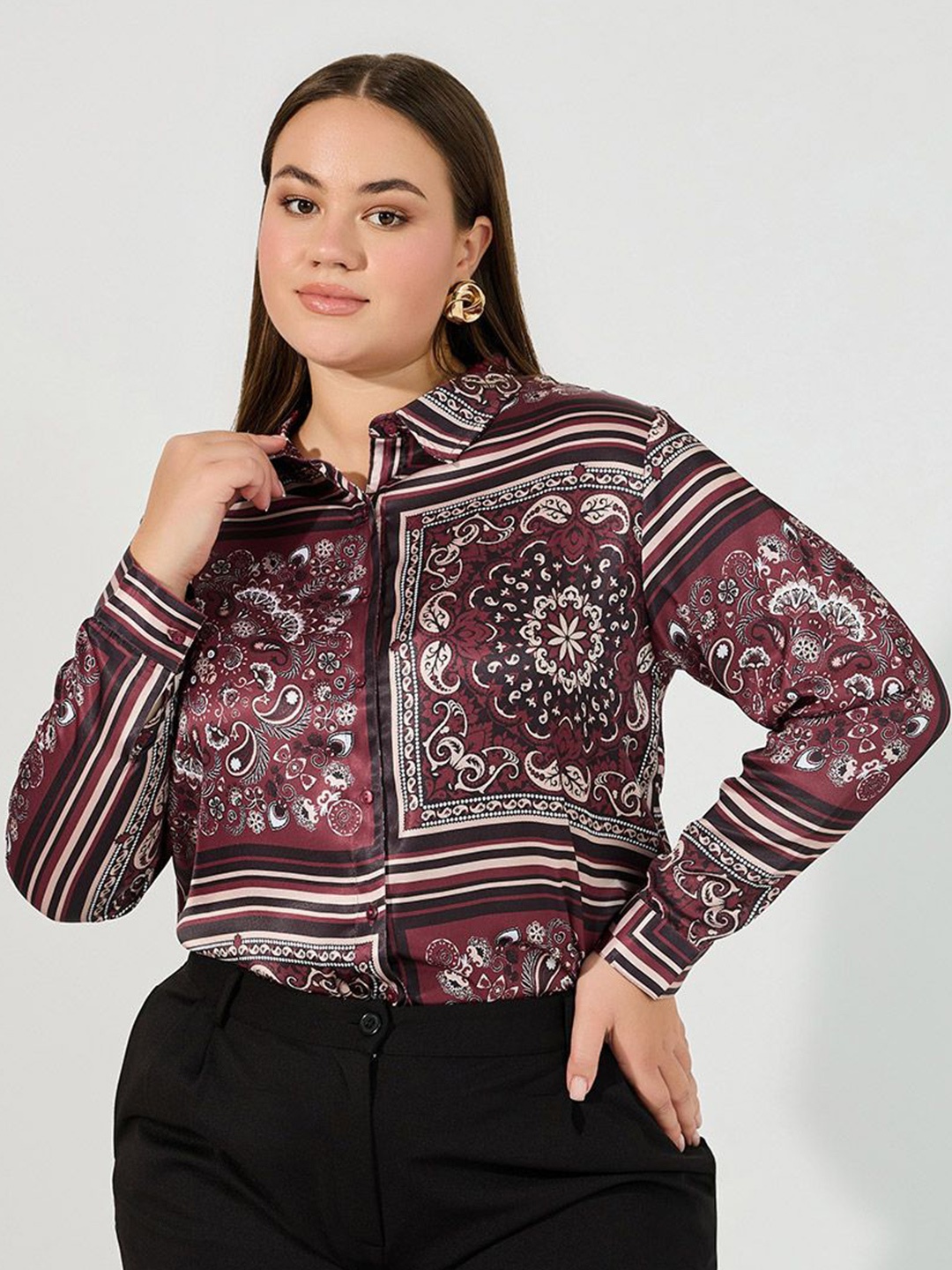 

Styli Women Spread Collar Ethnic Motifs Printed Casual Shirt, Burgundy