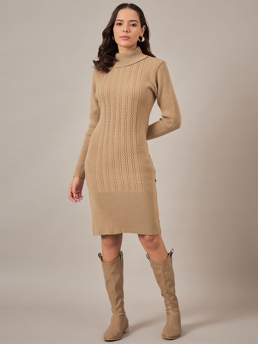 

The Roadster Lifestyle Co Wool Self-Designed High Neck Above Knee Sheath Dresses, Brown