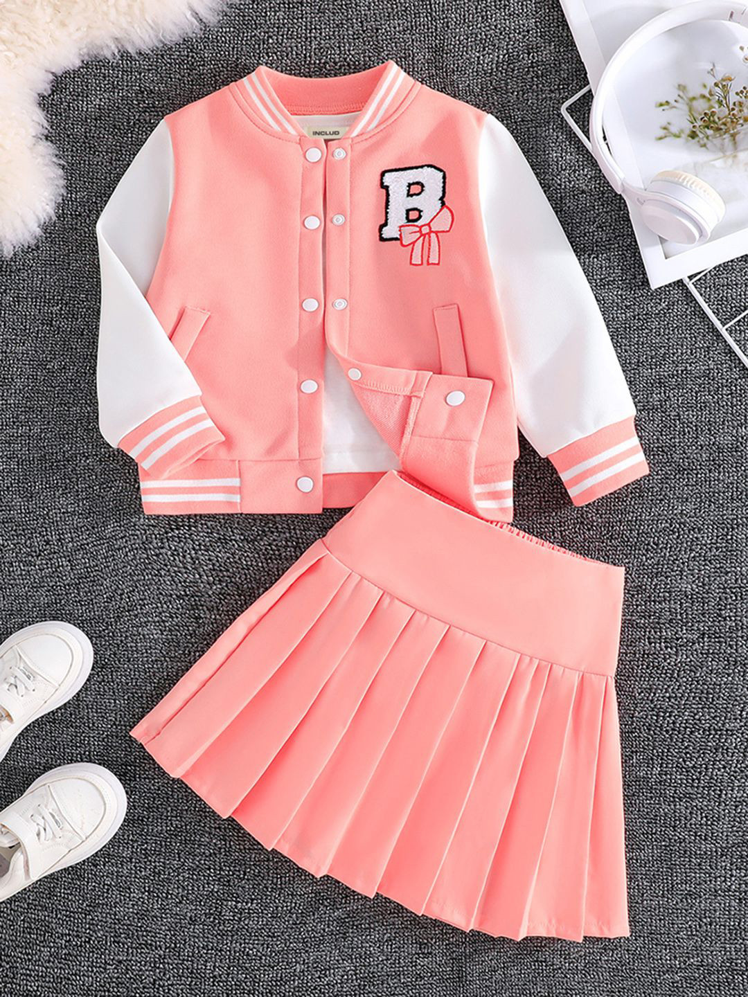

INCLUD Girls Colourblocked High Neck Long Sleeves Jacket With Skirt, Peach