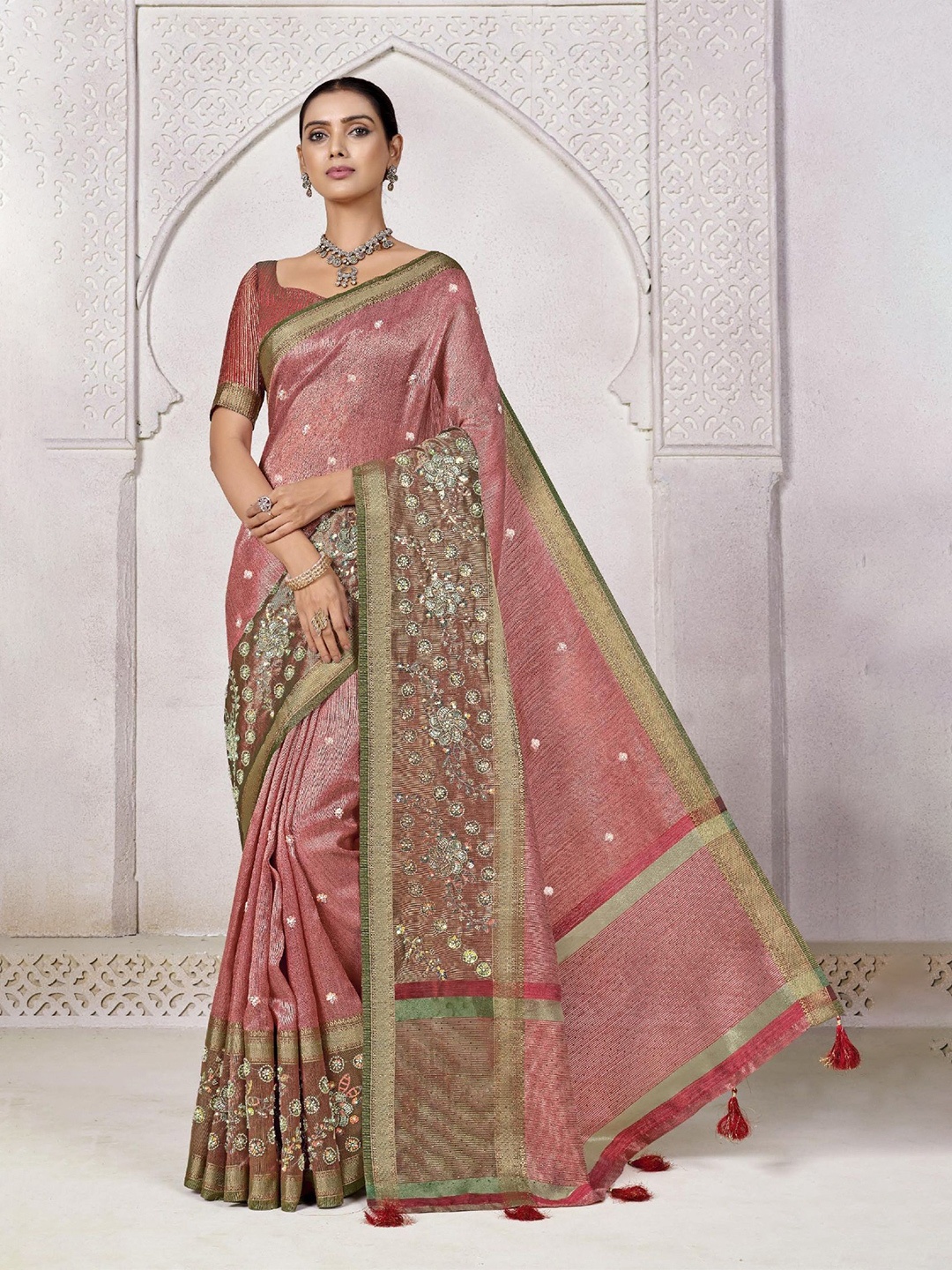 

MAHALASA Ethnic Motifs Embroidered Tissue Saree, Pink