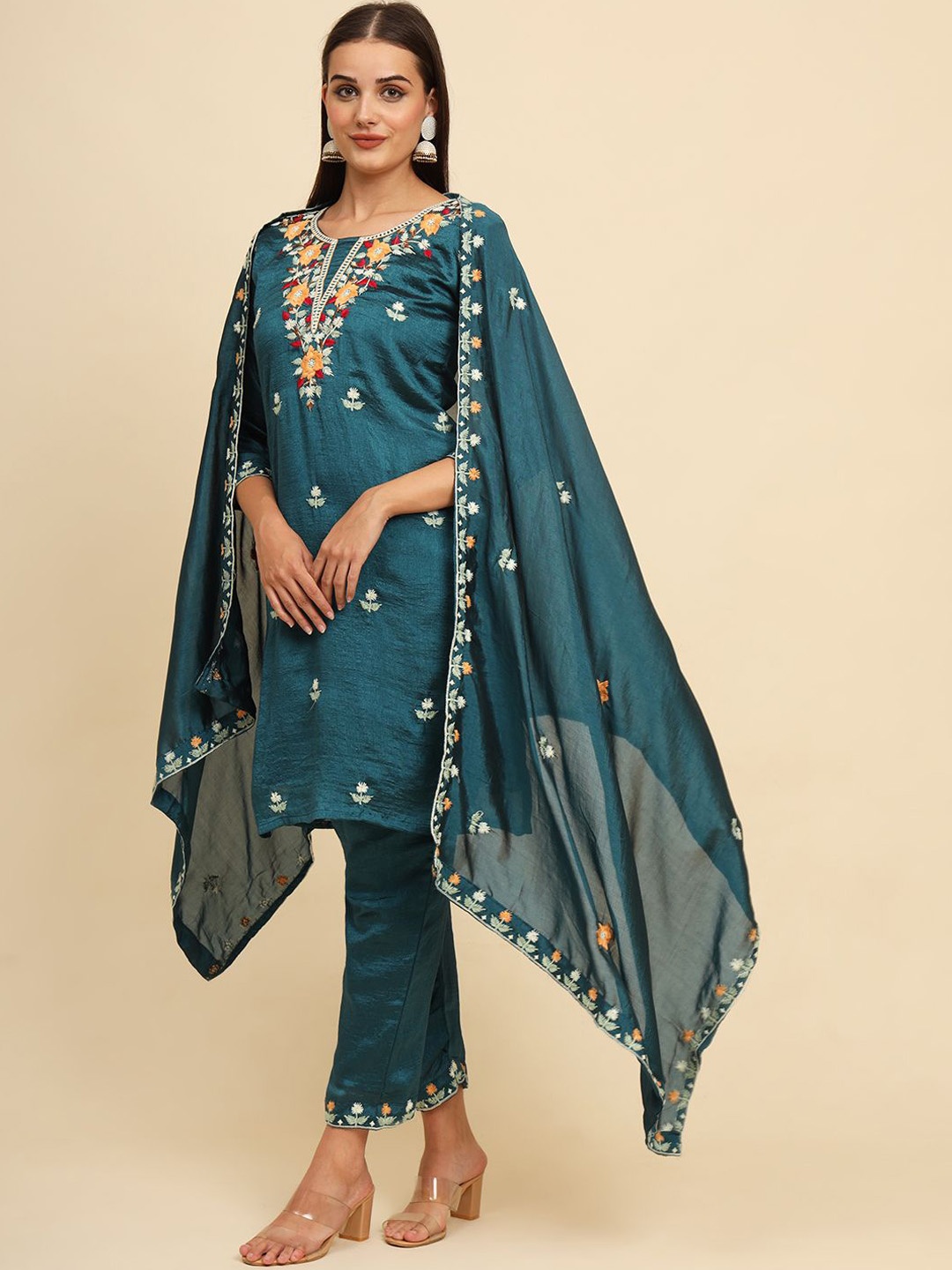 

HERE&NOW Sosyo Floral Embroidered Straight Thread Work Kurta with Trouser & Dupatta, Teal