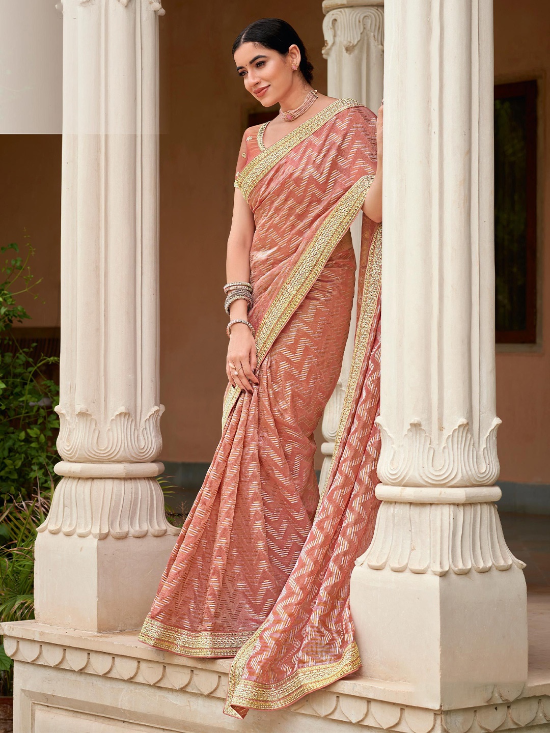 

Laxmipati Ethnic Motifs Embroidered Designer Saree, Peach