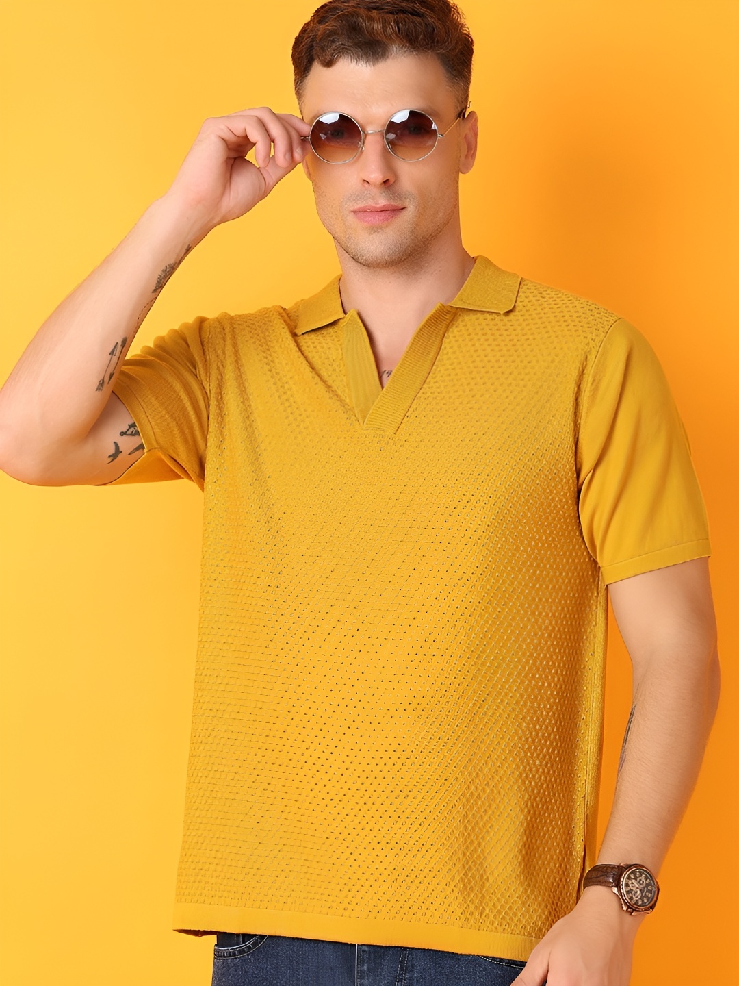 

V-Mart Men Self Design Polo Collar Cotton T-shirt, Mustard