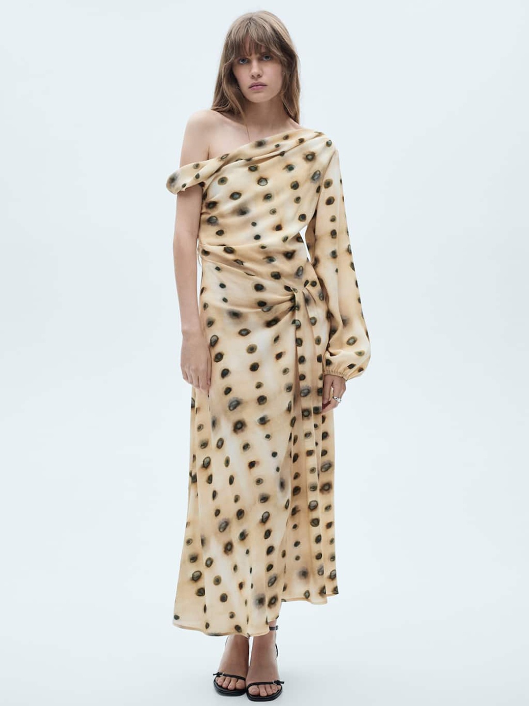 

MANGO Printed Asymmetric Neck Maxi Dress, Beige