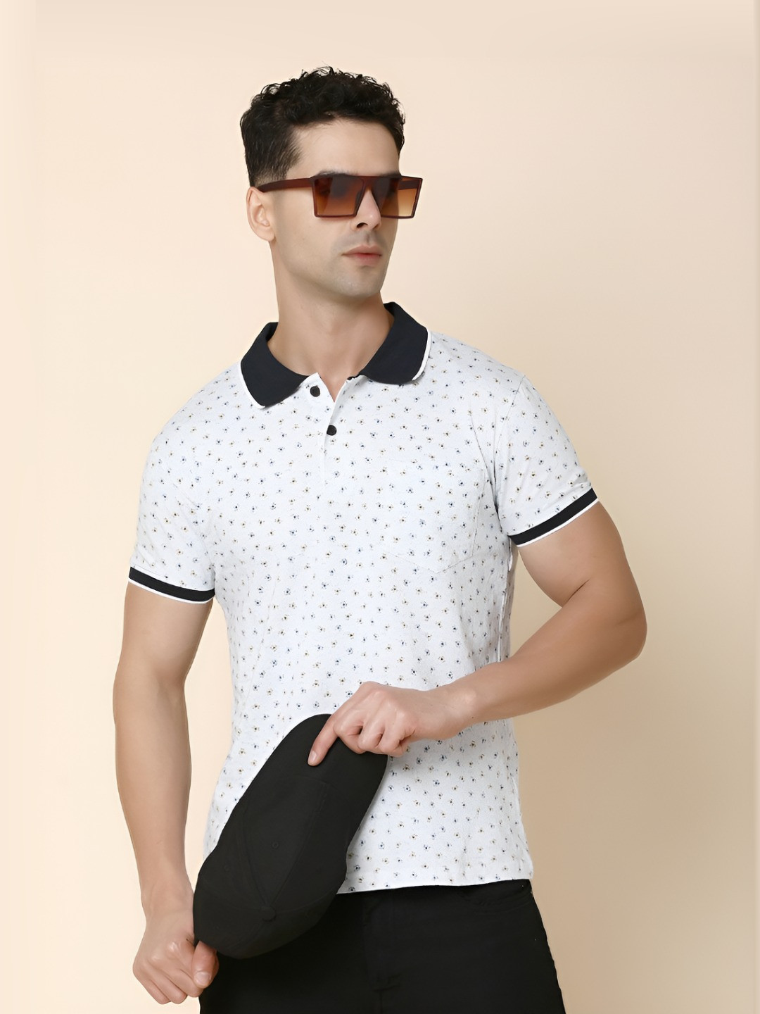 

V-Mart Men Floral Printed Polo Collar Cotton T-shirt, White