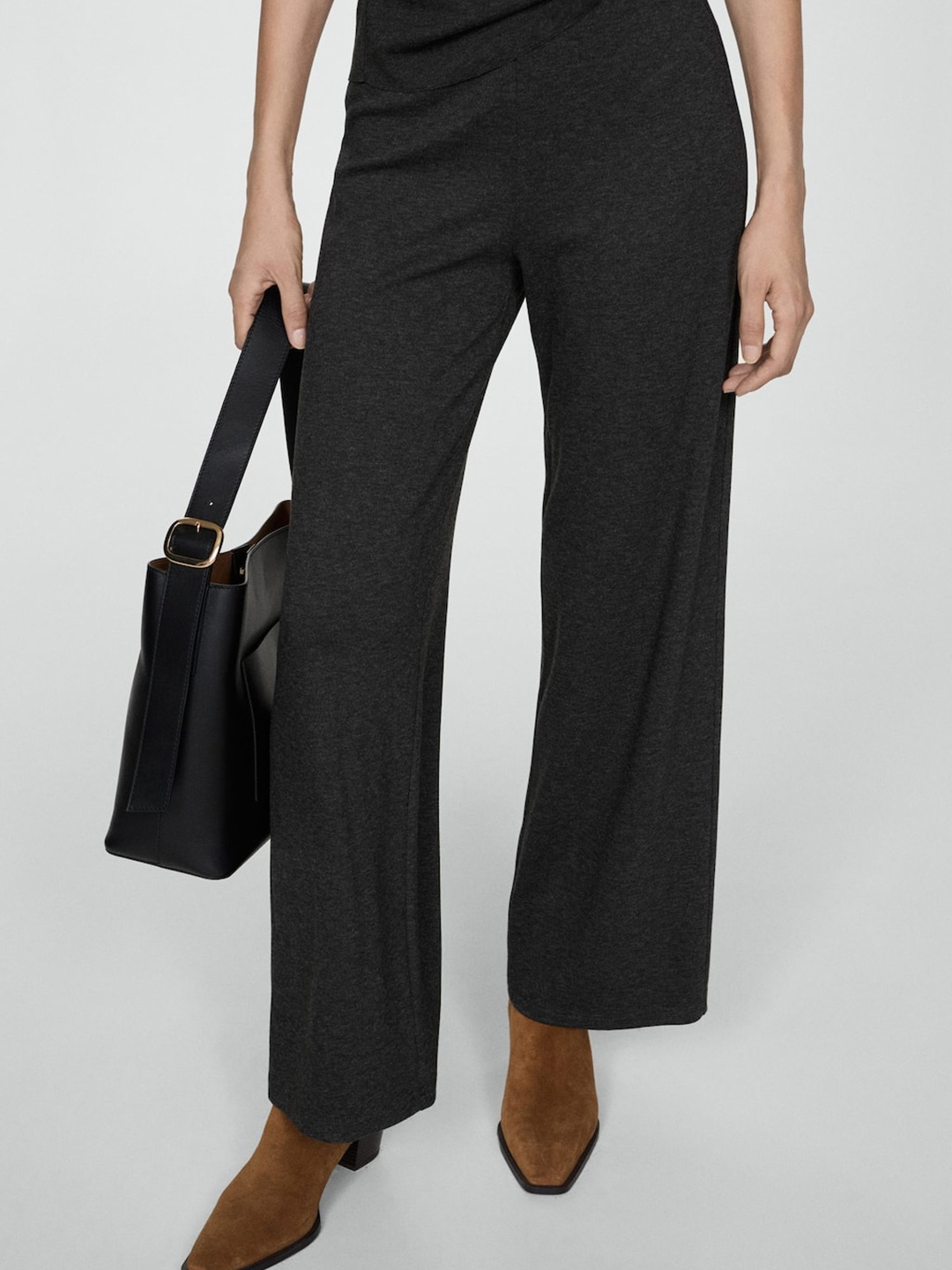 

MANGO Women Wide Leg Knit Trousers, Charcoal