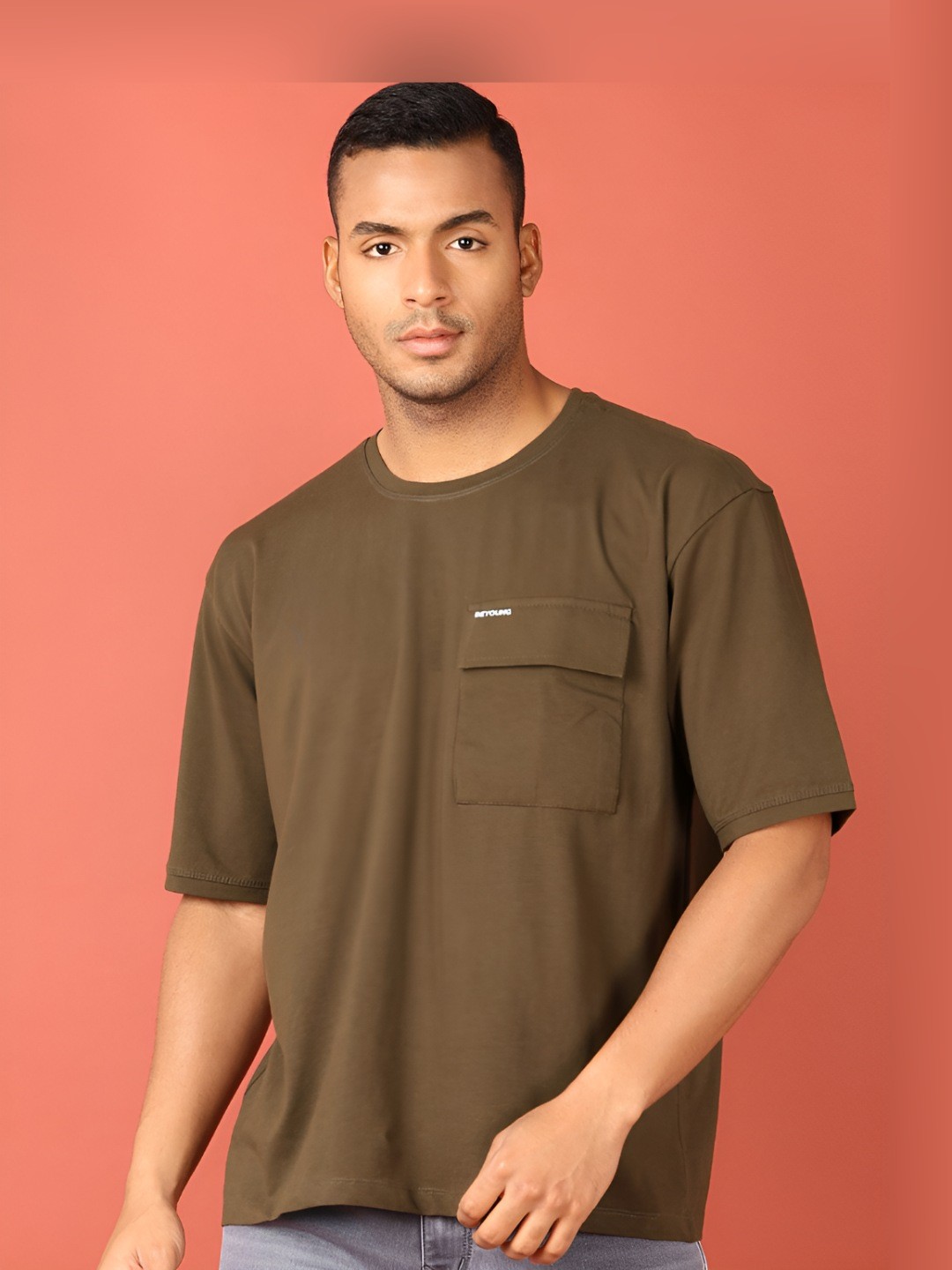

V-Mart Men Solid Round Neck Cotton Relaxed Fit T-shirt, Brown