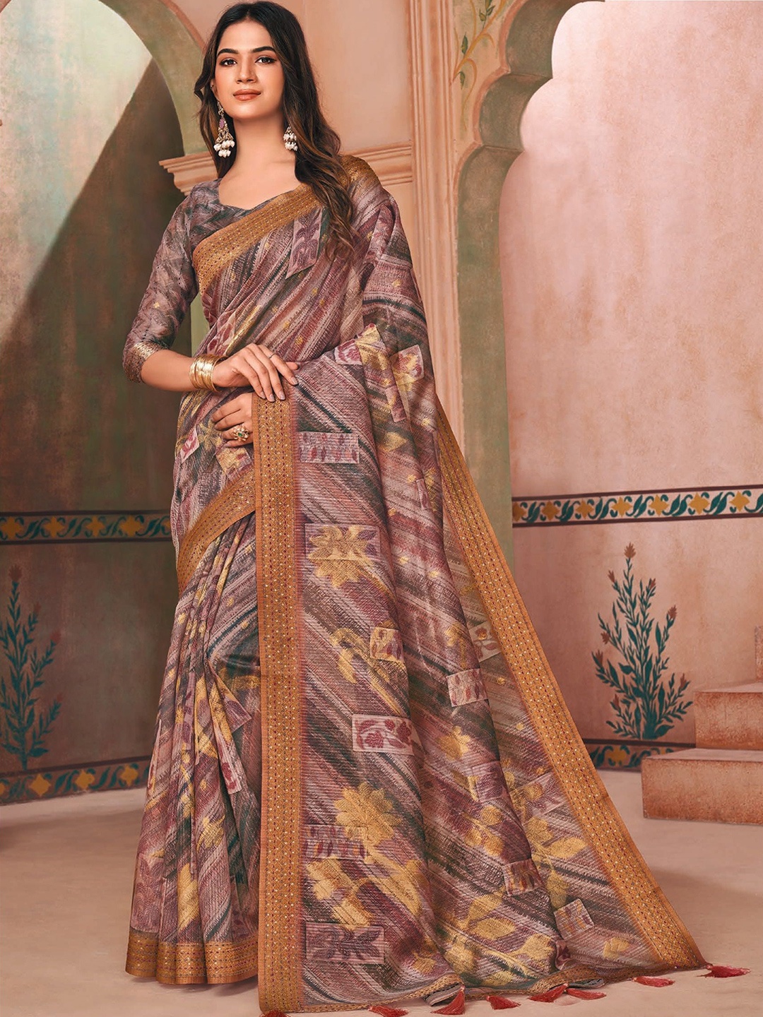

MAHALASA Geometric Woven Design Saree, Purple