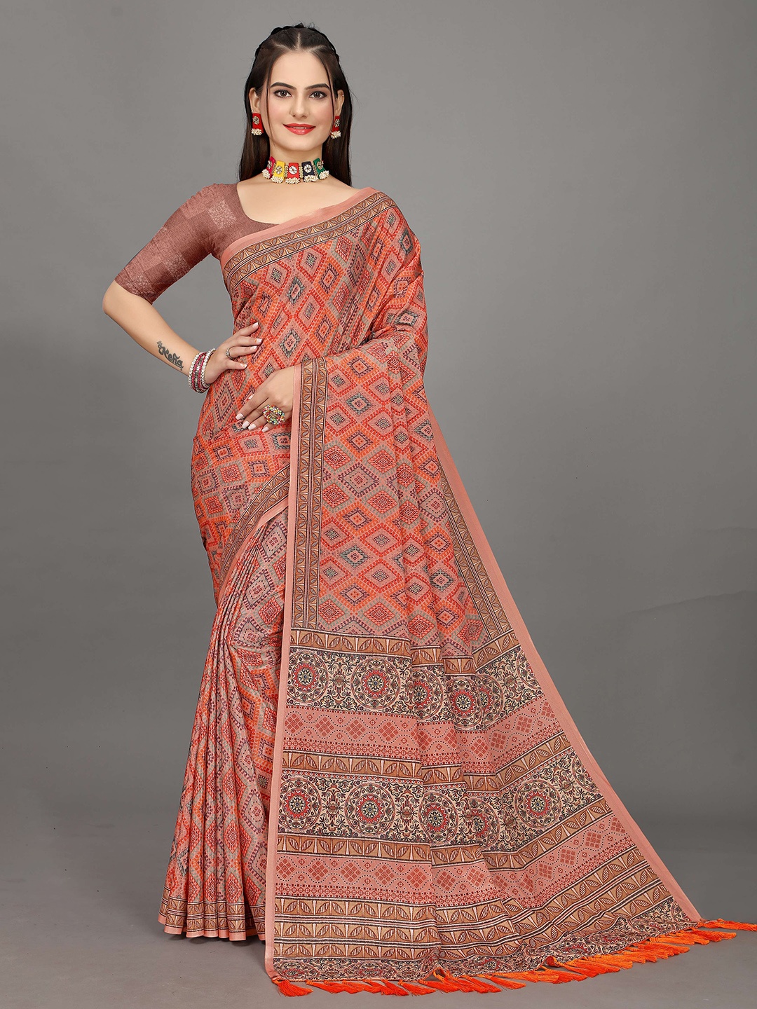 

Zeekha Kalamkari Pure Chiffon silk Kanjeevaram Saree, Orange