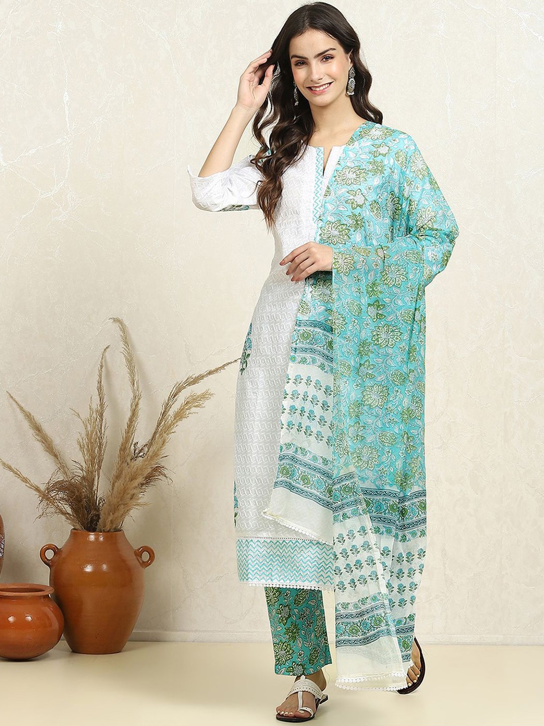 

Biba Floral Printed Pure Cotton Unstitched Dress Material, Green
